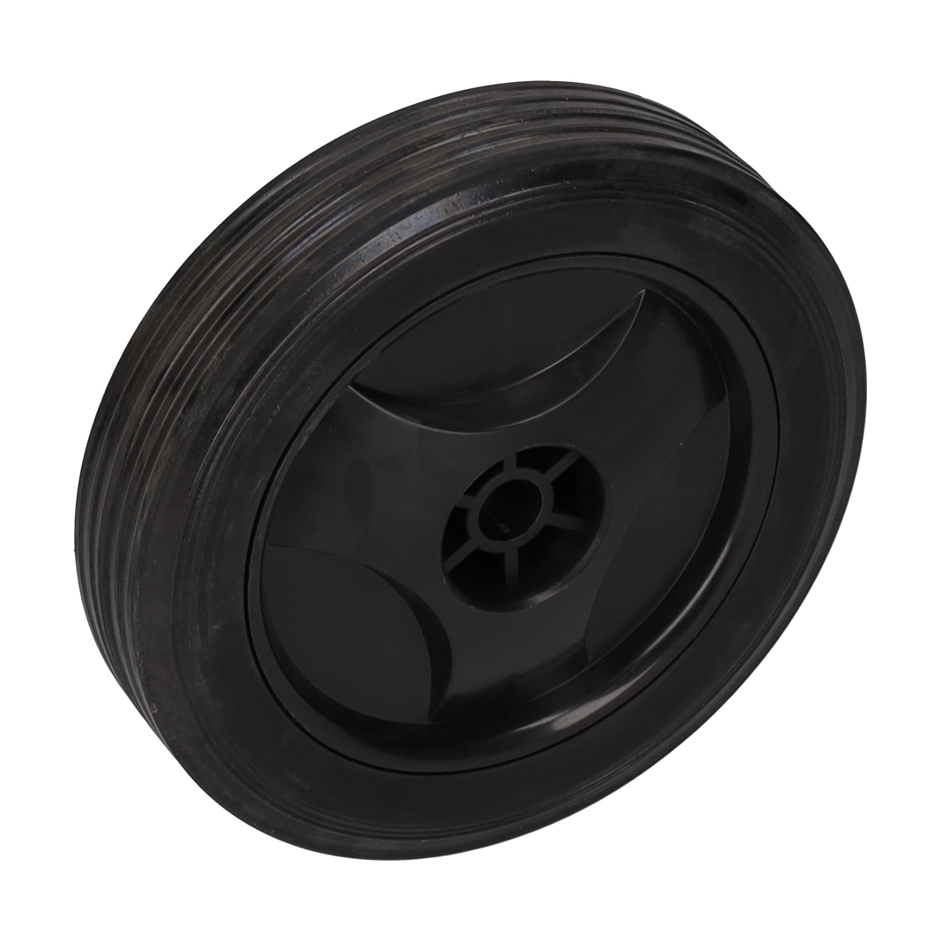 Wheel wood splitter er et svart plasthjul med rillet mønster og et fem-eikers indre nav.