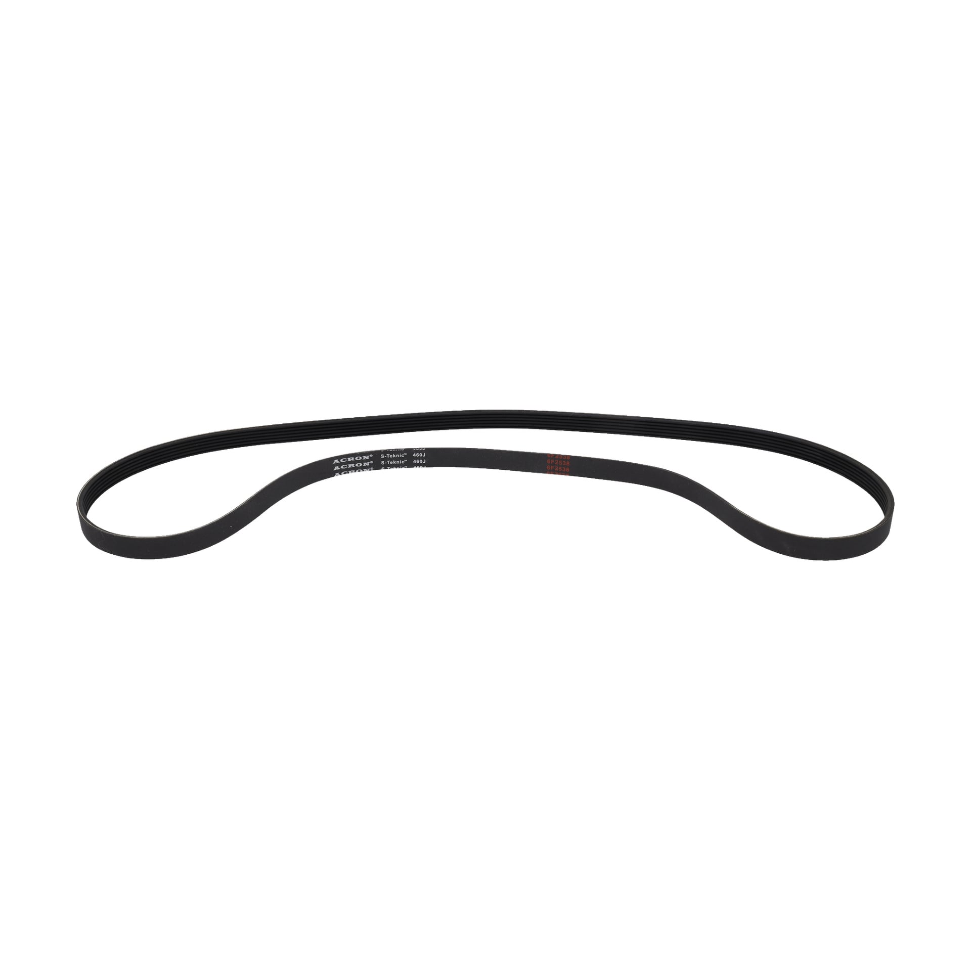 En drivremsroddmaskin 460J gjord av svart flexibelt gummi med "460J" i vitt är lagd platt. Bältet bildar en förlängd ögla med en mjuk kurva.