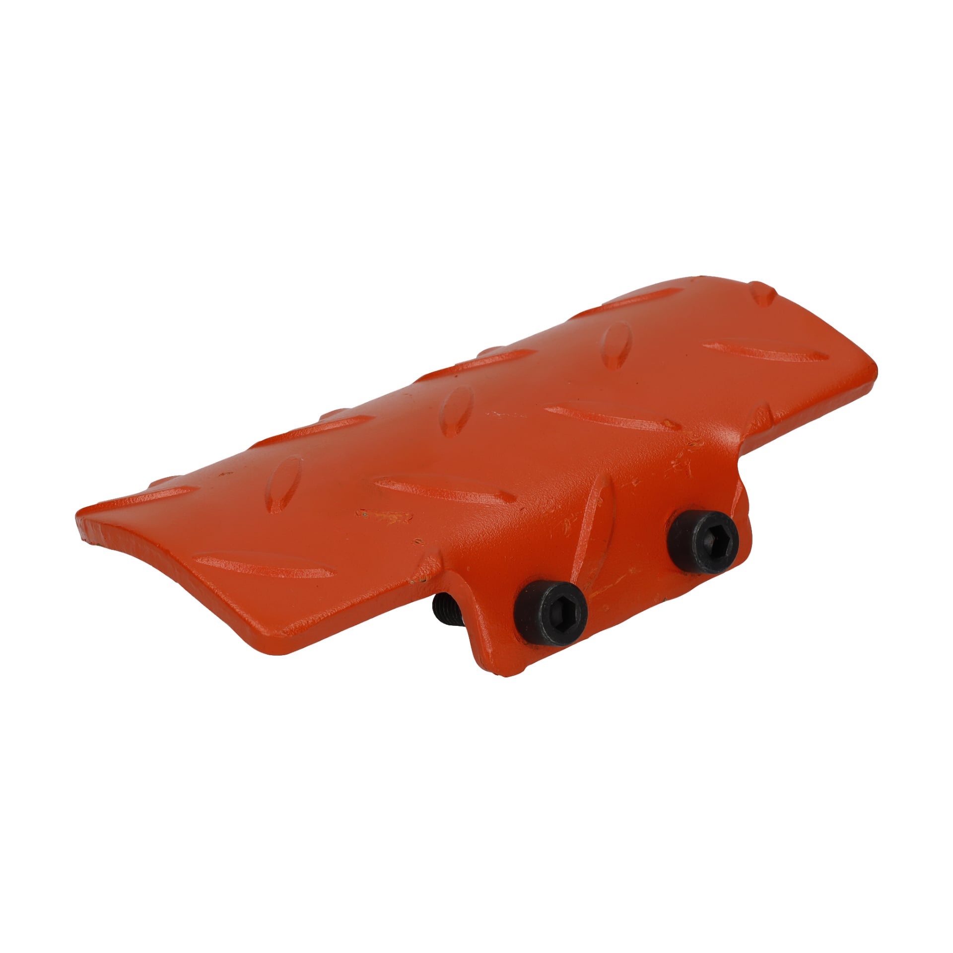 Foot Pedal Jack har en orange metallkropp med en upphöjd diamantstruktur och två svarta bultar fastsatta längst ner.