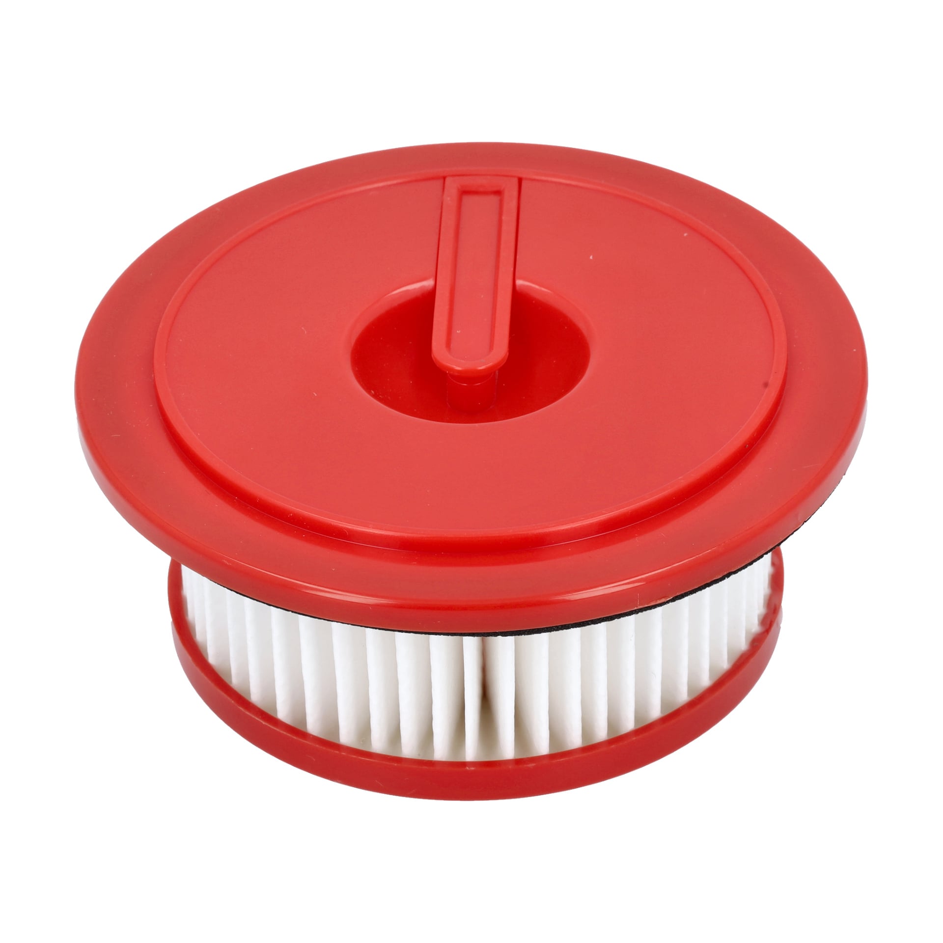 Hepafilter Shaft-dammsugaren har ett runt filter med röda plaständar, vita plisserade sidor och ett upphöjt handtag på toppen.