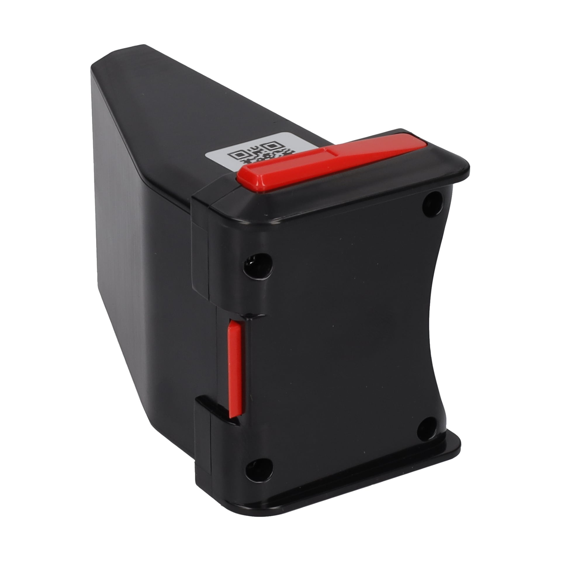 En svart rektangulär batteriskaftsdammsugare med röda detaljer, platt bas och sidospår.