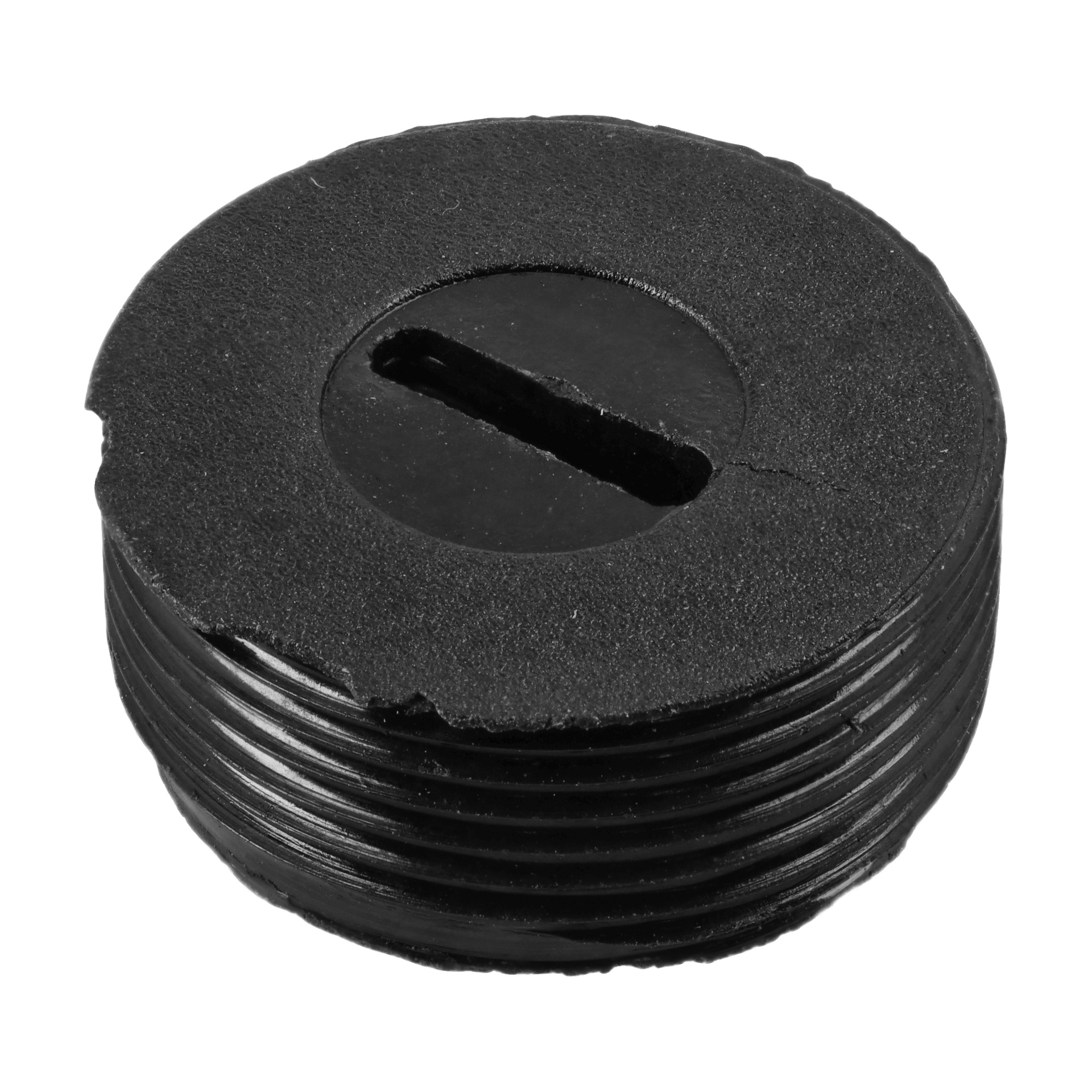 Cap Carbon Hold 009461/011254: svart rund plastgängad plugg, brett platt huvud, rak spår, lätt ytslitage.