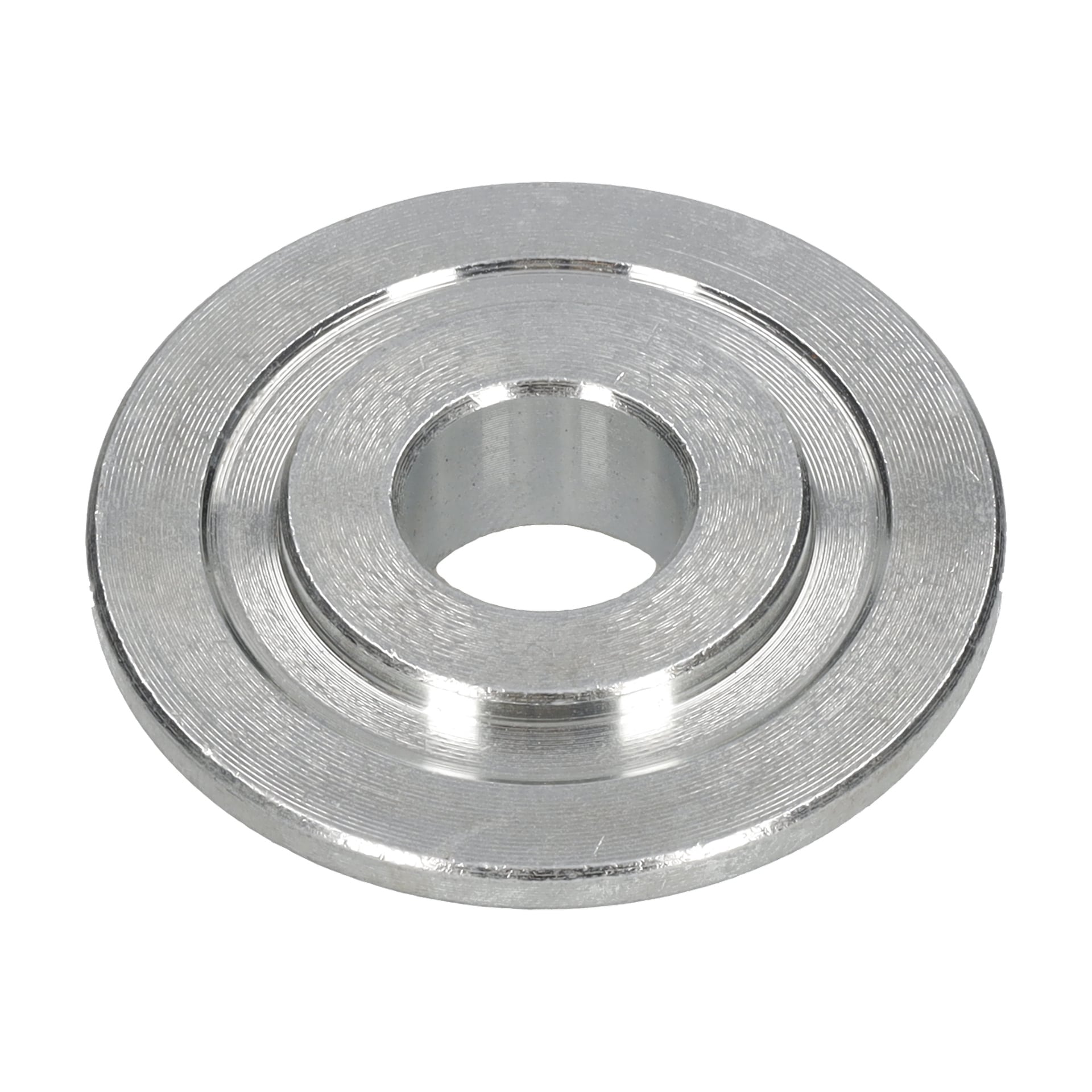 En metallisk, cirkulär bricka med ett centralt hål och en subtilt upphöjd inre ring, sedd uppifrån.