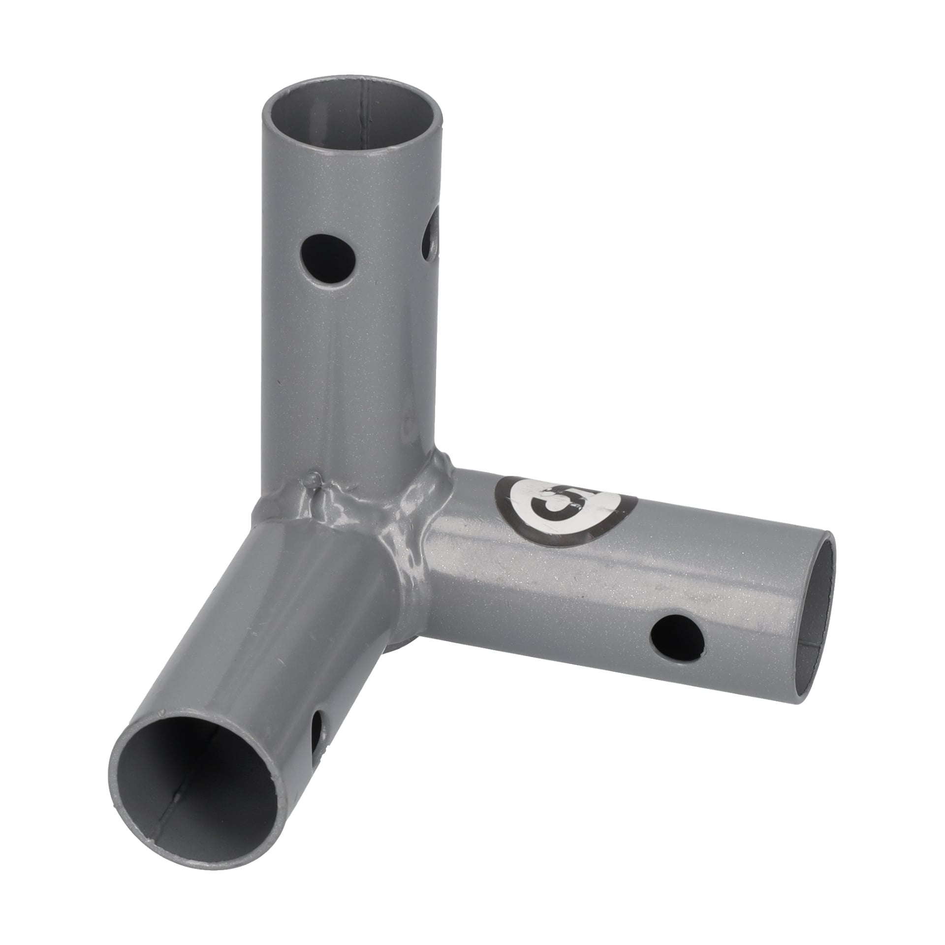 Grå metallkoppling med tre cylindriska rör i rät vinkel, var och en med cirkulära hål för att fästa rör eller stänger.