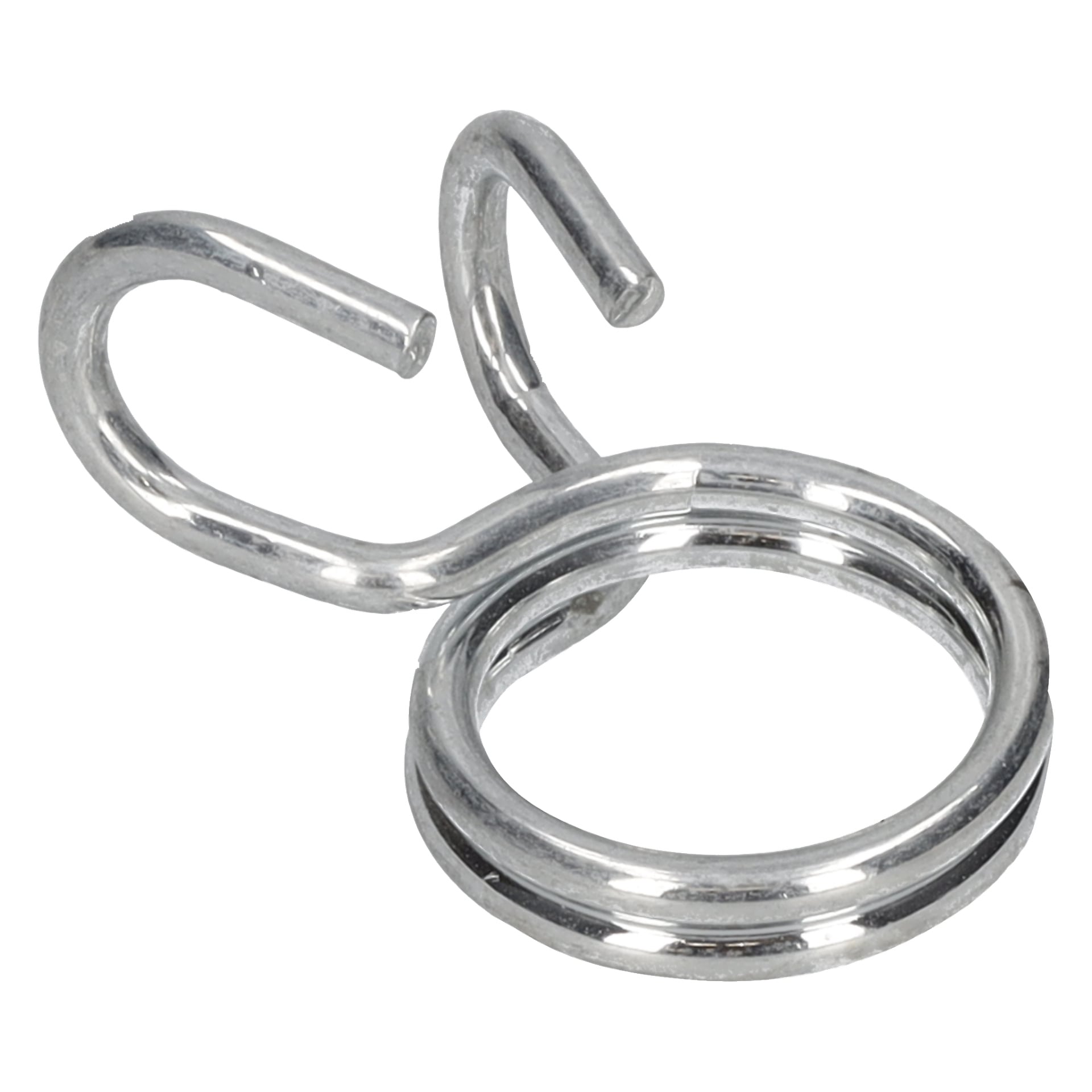 Närbild av Clamping ring-garagetältets metallfjäderslangklämma med dubbel slinga och två utstickande ändar.