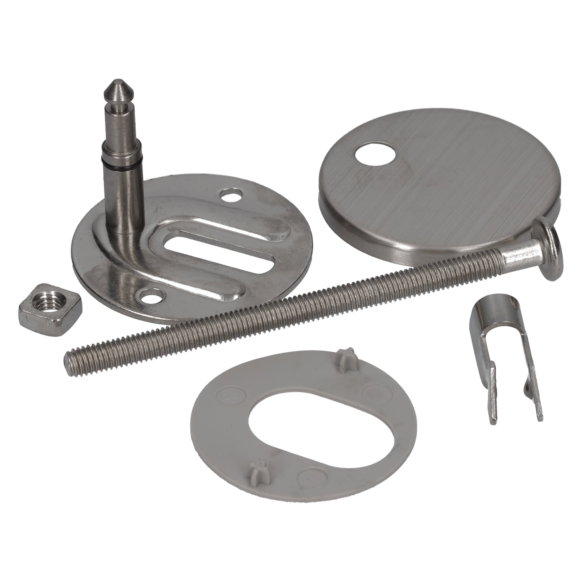 Brackets toalettsitsset har en gängad stång, slitsad bottenplatta, cirkulär lock, sexkantsmutter, rund bricka och gaffeldel.