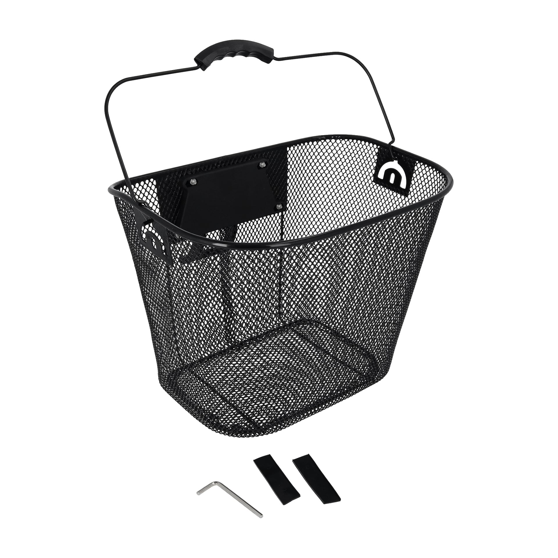 Bicycle Basket Electric Bike har en svart metallkorg i nät med handtag, samt två svarta remmar och en insexnyckel för montering.