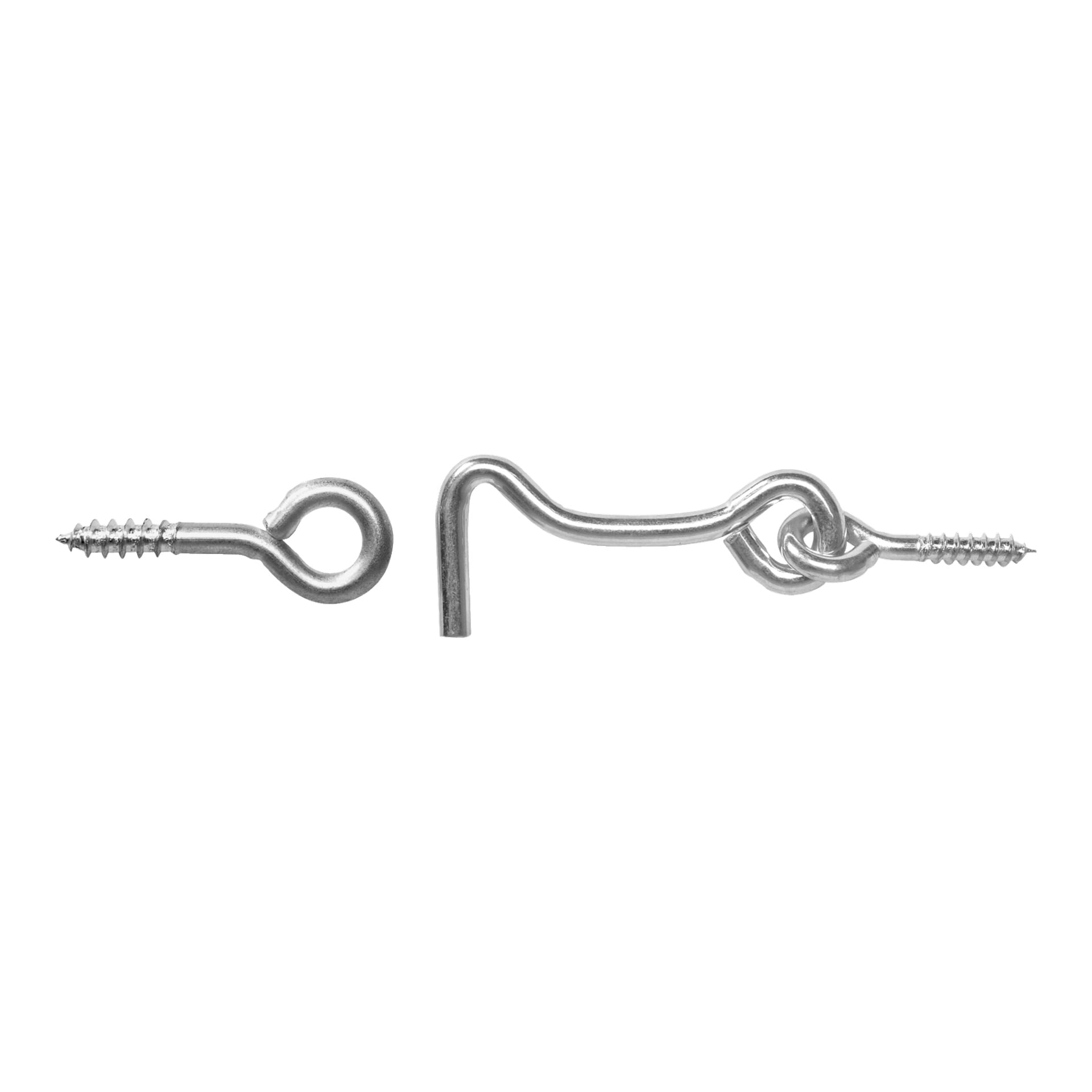 En närbild av Hard Head Hook and Eye Latch 2 Pack visar två silverfärgade delar—en krokskruv till höger sammanfogad med en ögonskruv till vänster.