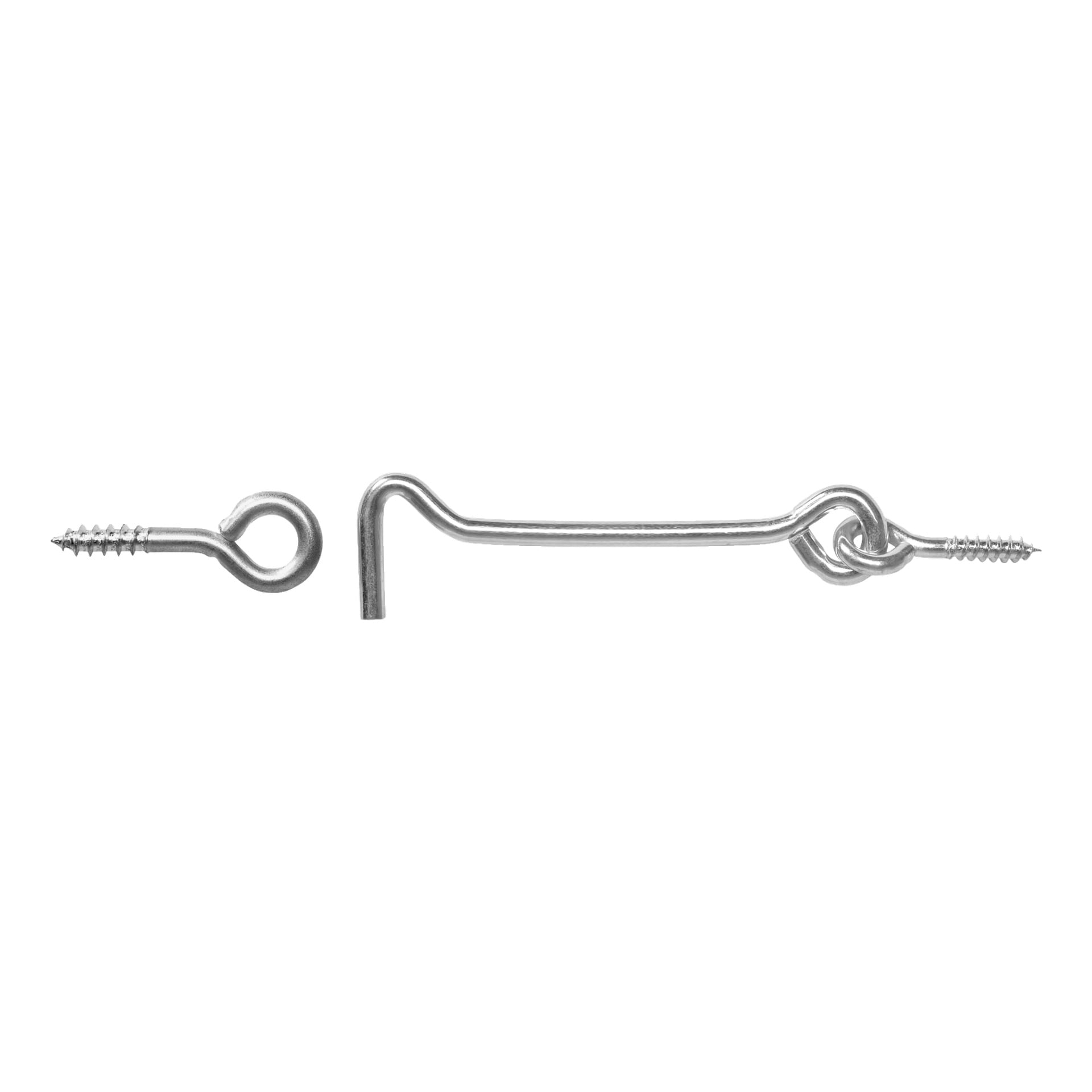Hard Head Hook and Eye Latch 2 Pack innehåller robusta metallspärrar med skruvändar för installation. Varje krok är utformad för att fästas säkert genom att slingra in i det matchande öglet.