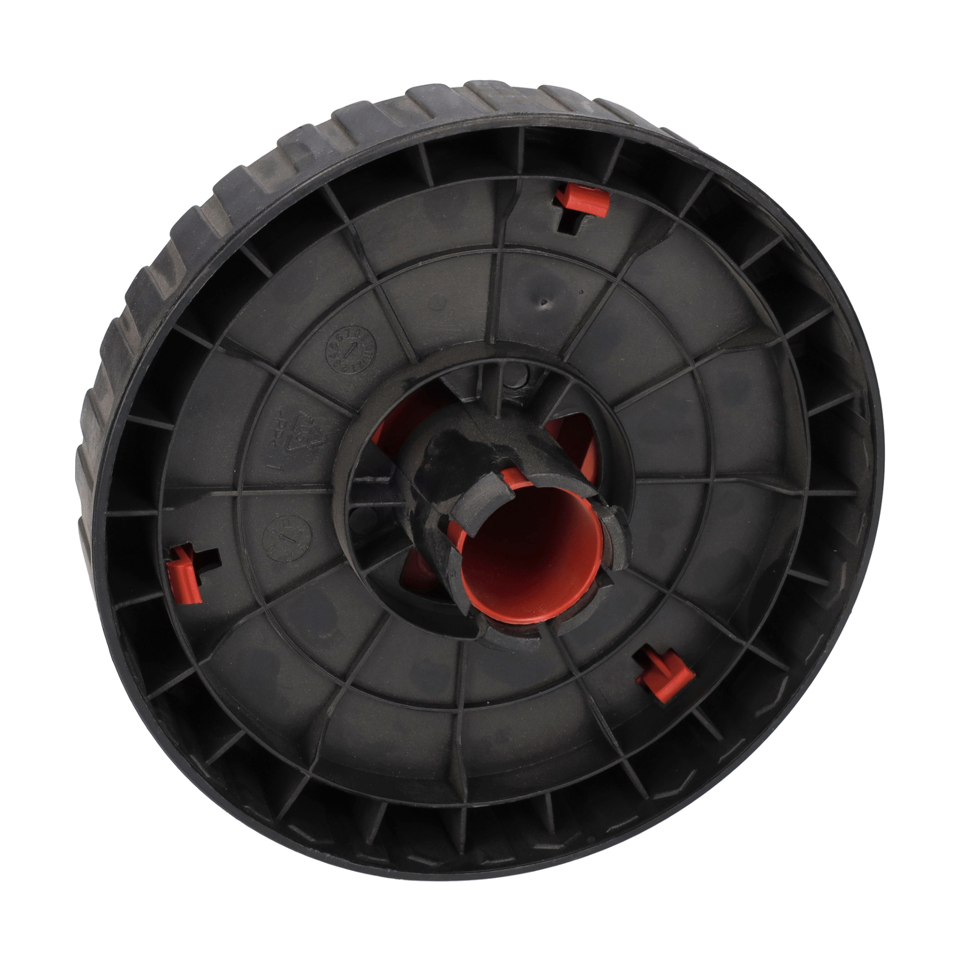 En svart plastspole från en högtryckstvätt från Wheels med radiella ribbor och rödmarkerade rektangulära spår, synlig från sidan.
