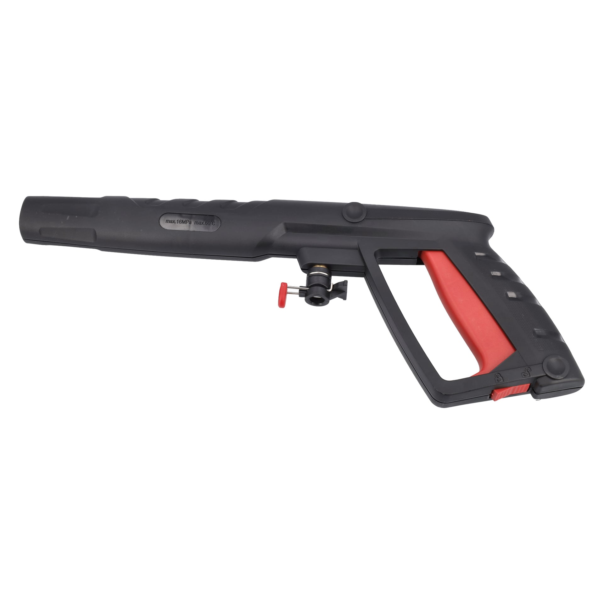 En högtryckstvätt med svart och röd avtryckarpistol, pistolliknande grepp, bakre handtag och ett framträdande rött säkerhetslås.