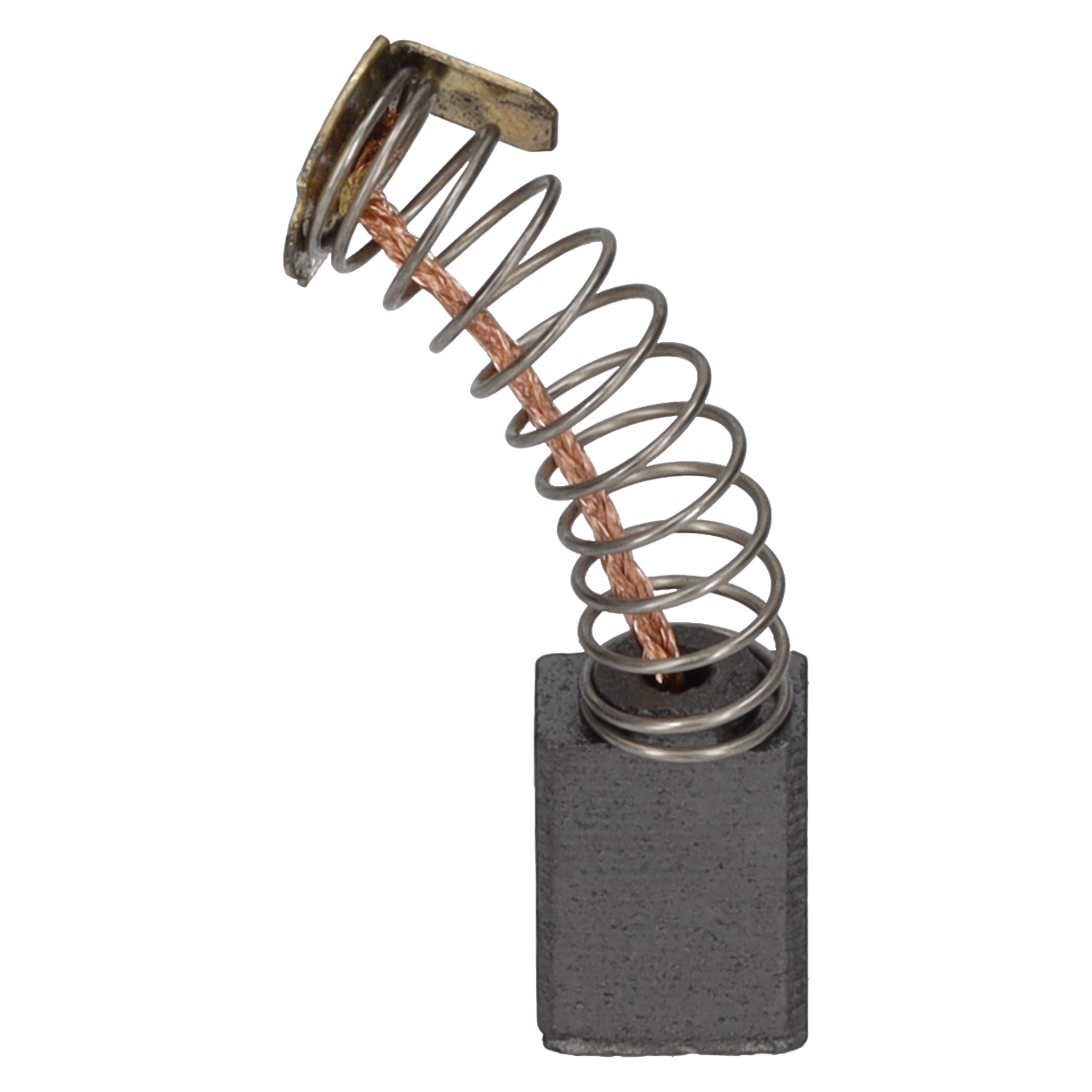 En spiralad metallfjäder är fäst vid ett svart rektangulärt kolblock, med koppartråd som trådas igenom och en metallkontakt i änden.