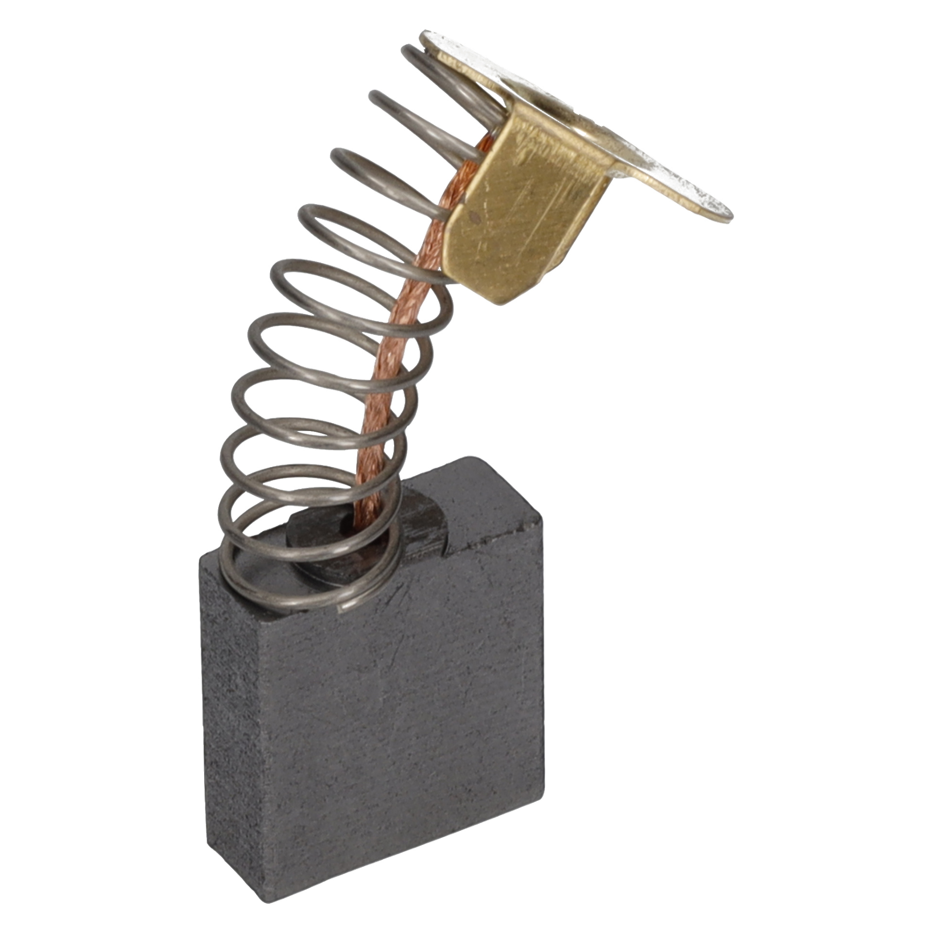 En metallspiralfjäder kopplas till en svart rektangulär kolblock med fäst koppartråd och messingsterminal, som används i elmotorer.