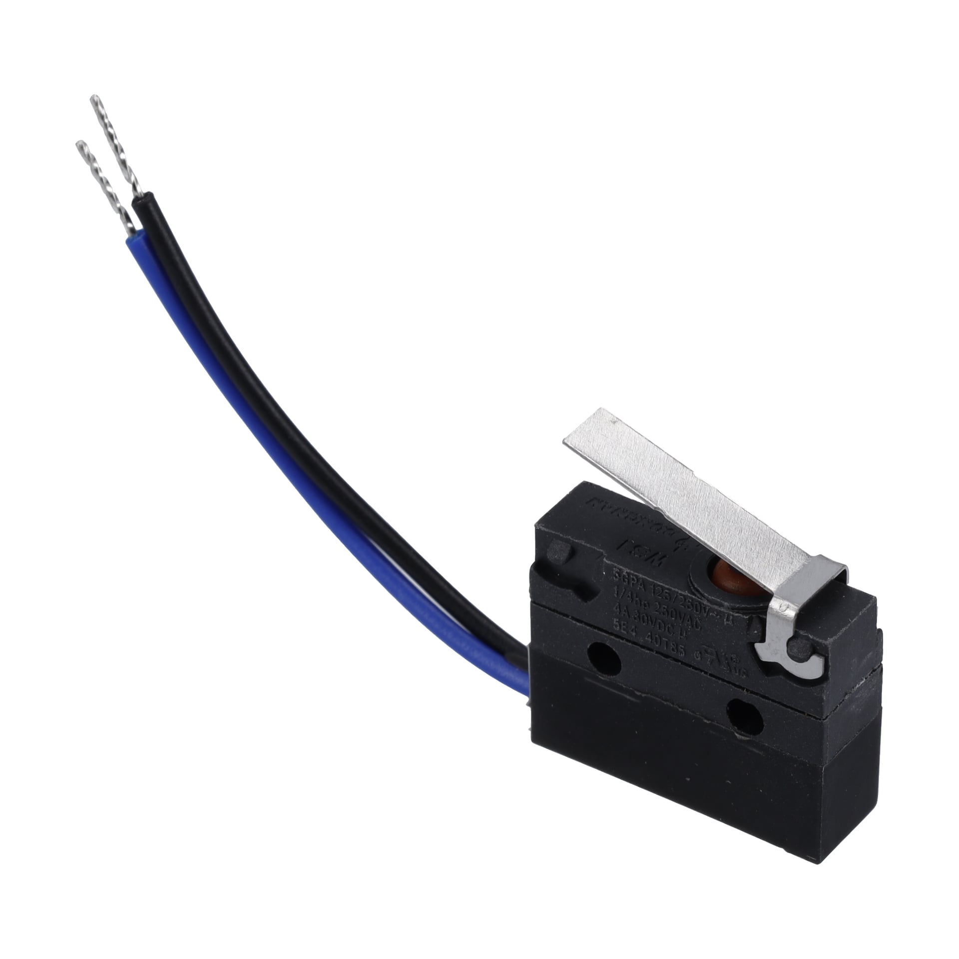 Microswitch F. Stop-knappen har en svart mikrobrytare, metallspak och två ledningar – en svart, en blå – anslutna.