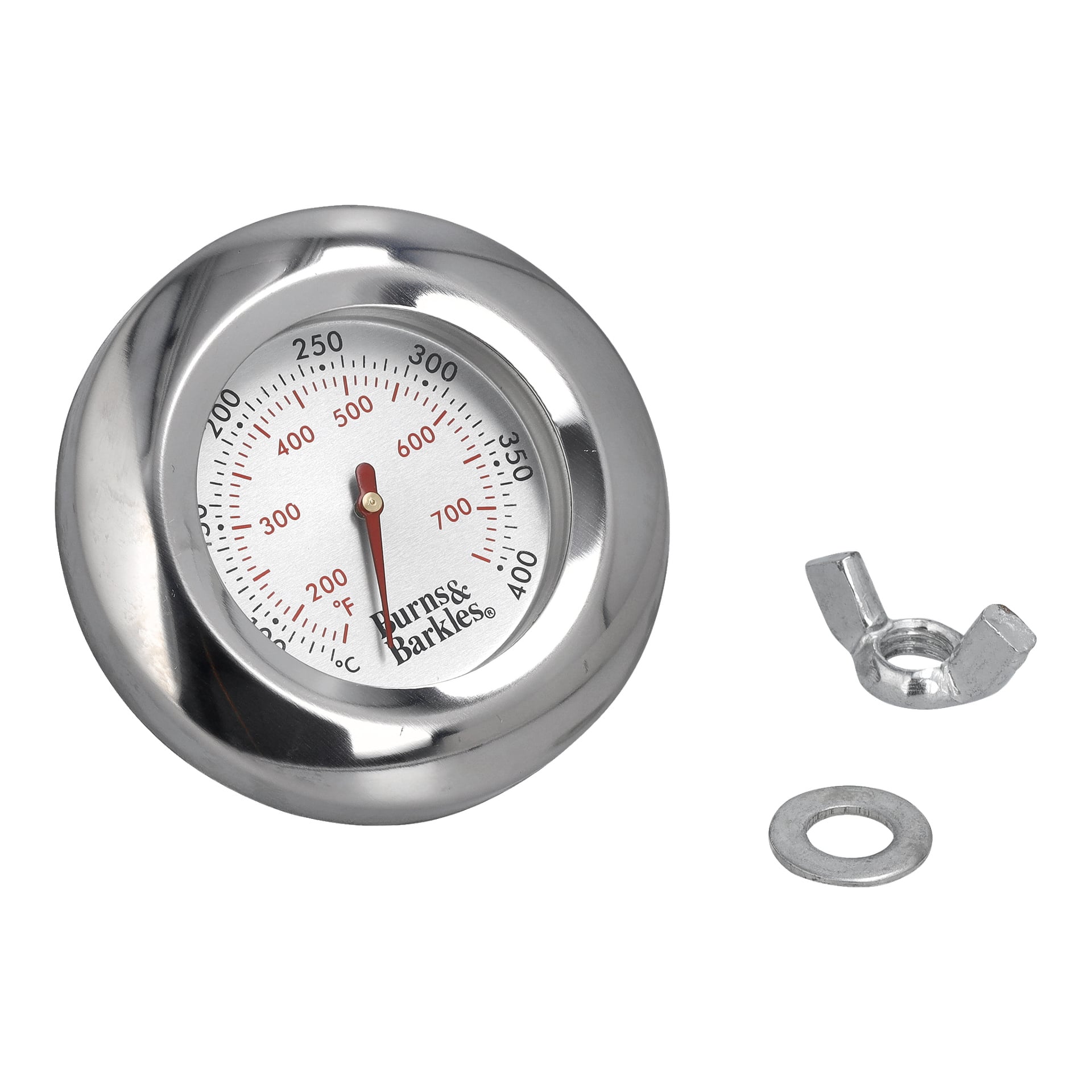 Termometer Kullgriller inkluderer en rund metallskive merket 100–700°F, samt en metallskive og vingemutter.