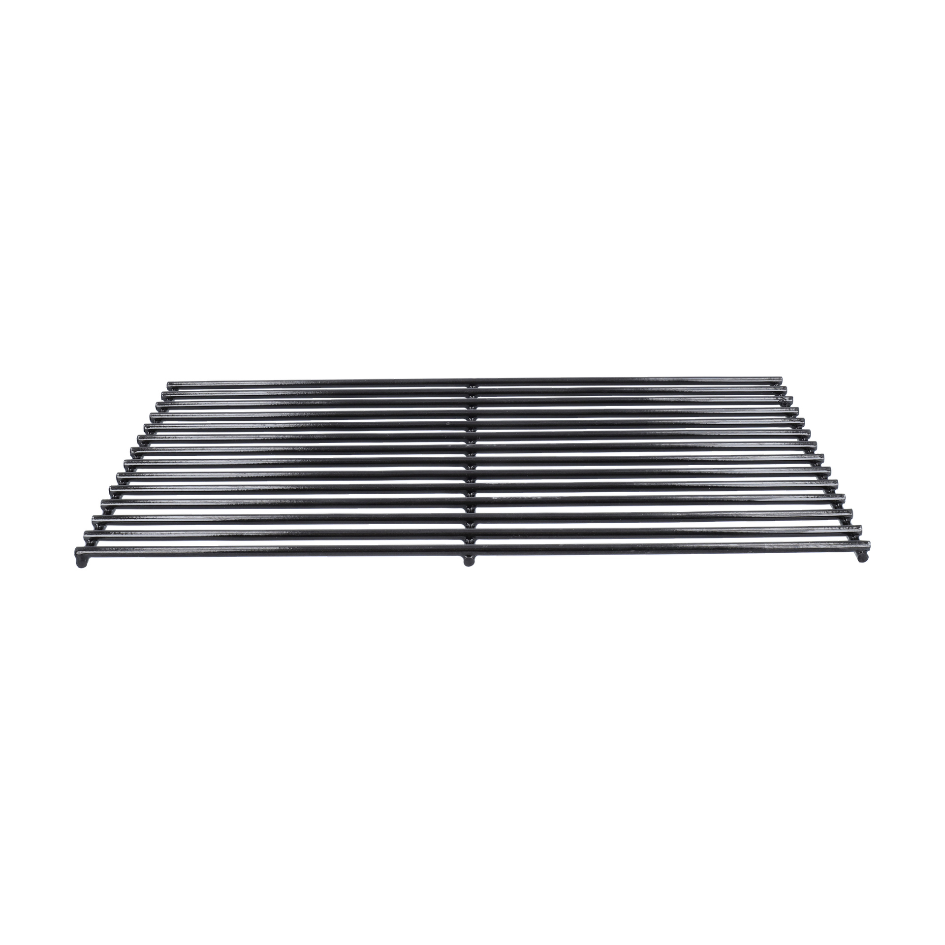 Et toppbilde av en kull-/gassgrill viser et svart metallrist med parallelle stenger.