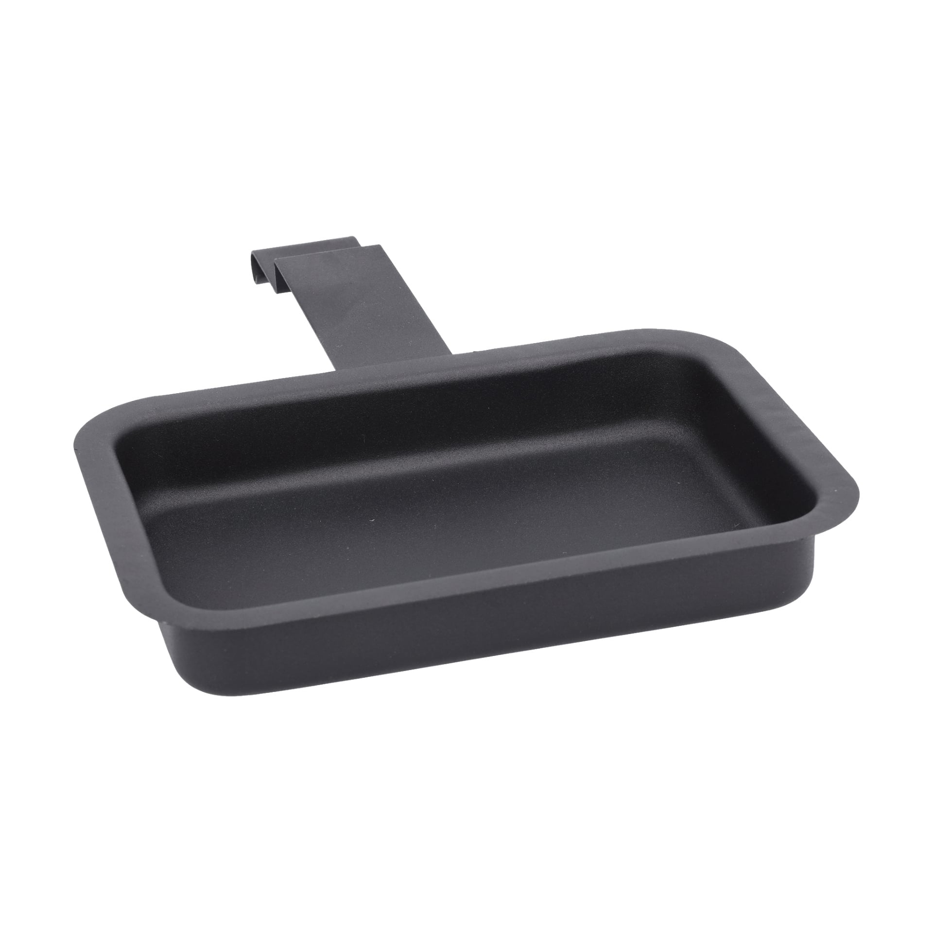 En rektangulär svart bricka med grunda kanter, slät på insidan och ett brett handtag som sträcker sig från ena sidan för lätt grepp.
