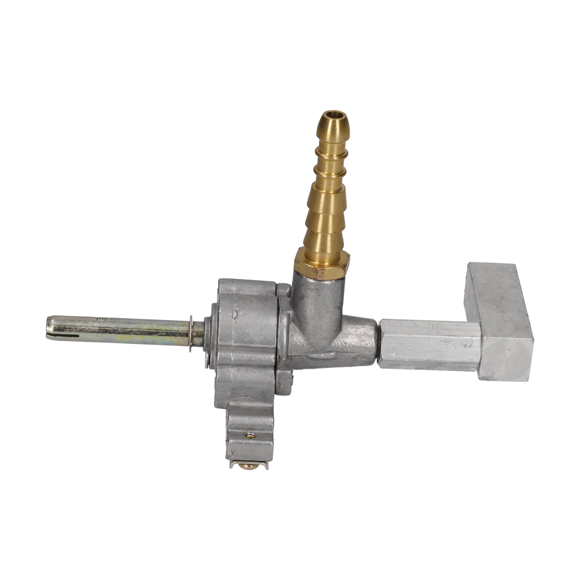 En gasgrillregulator med silverfärgad kropp, cylindrisk kontrollaxel, topp guldtaggad koppling och ett rektangulärt sidofäste.