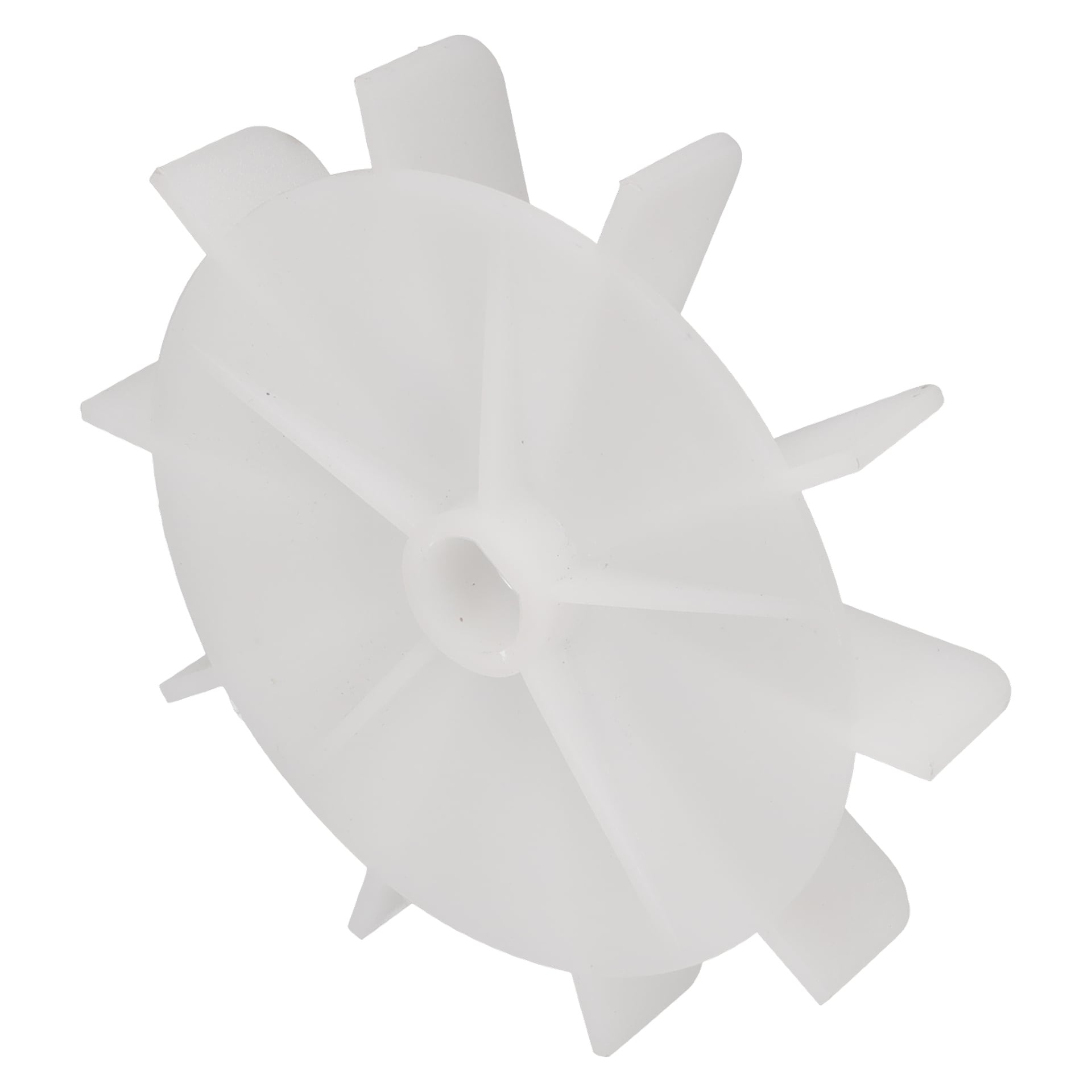 En träklyvar-fläkt med en vit plastimpeller och jämnt fördelade fenor, vinklad för fri sikt.