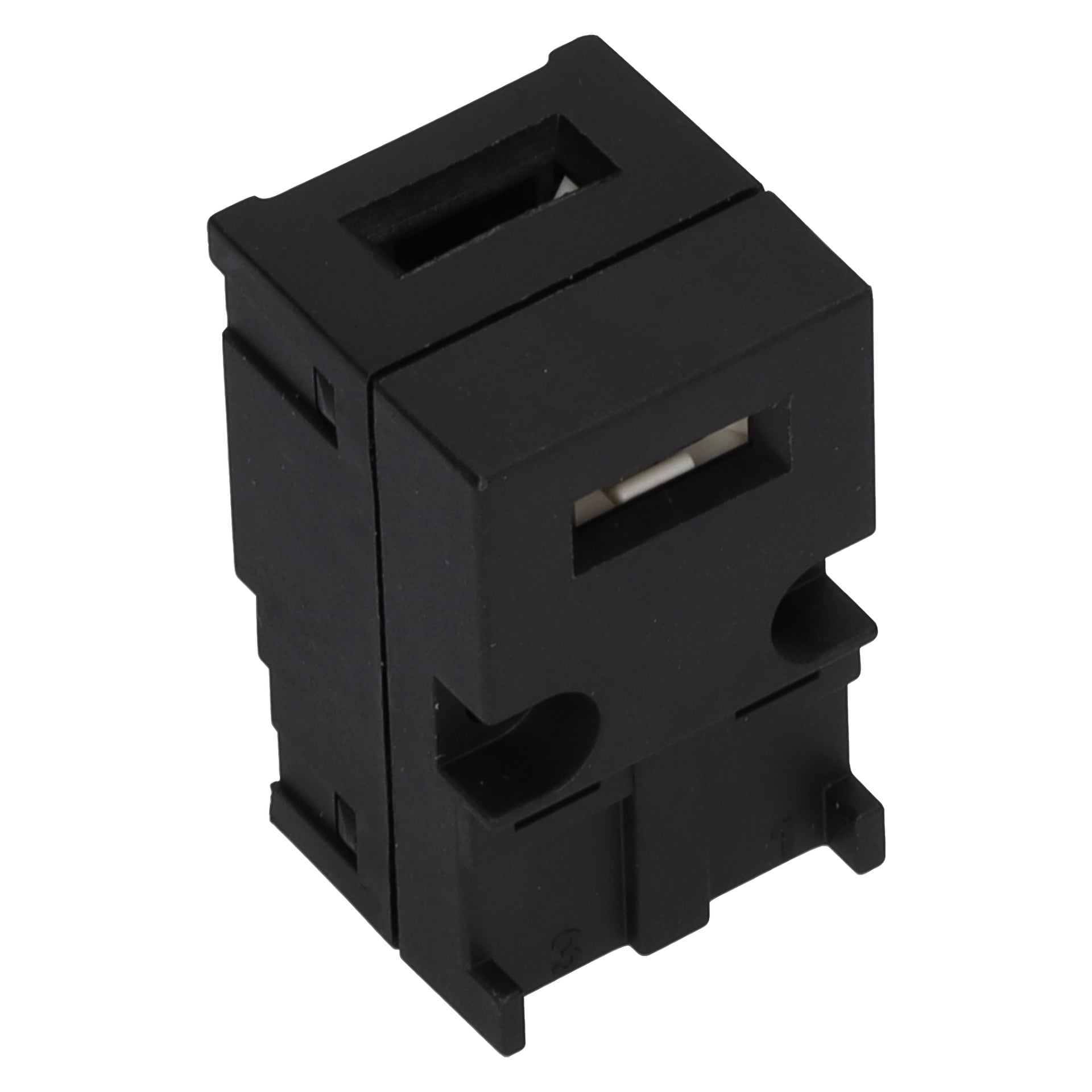 En svart rektangulär Safety Switches Composter-modul med två främre USB-portar och underkontakter för panel- eller väggmontering.