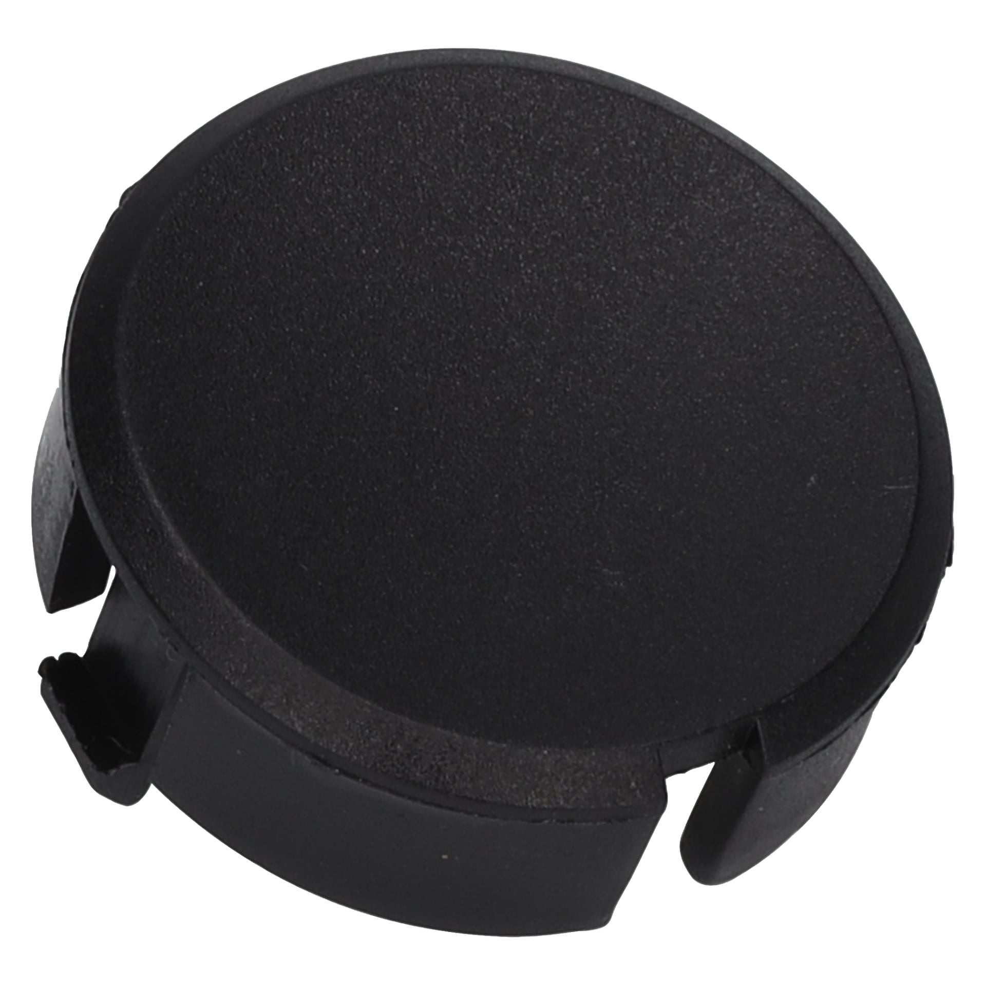 Ett runt svart plaständlock med ett platt topp och sidoklämmor, gjort för att täcka eller täta öppningen på ett rör eller hål.