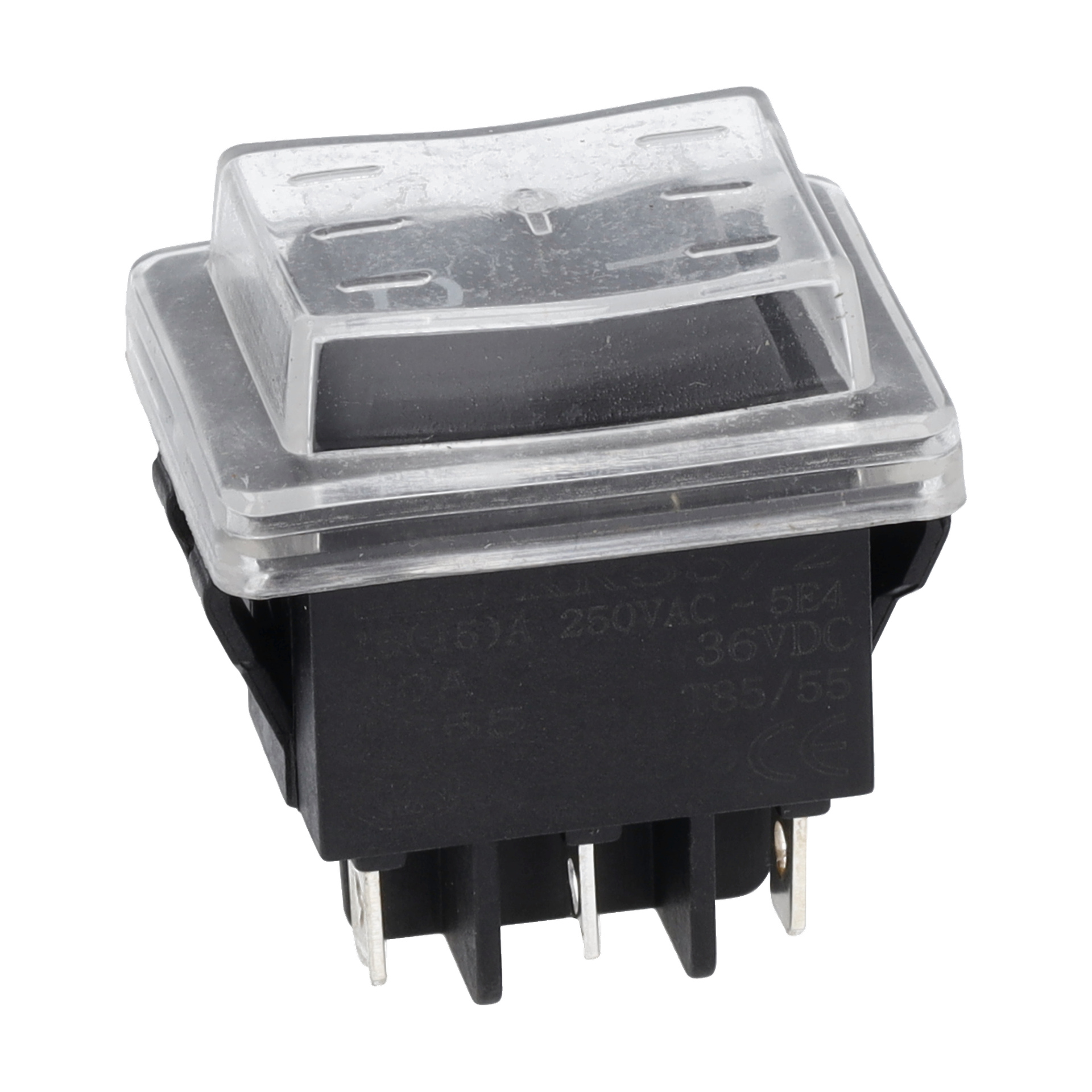 Närbild av Switch Compost Mill, med en svart rektangulär vippbrytare med ett klart lock och exponerade elstift.
