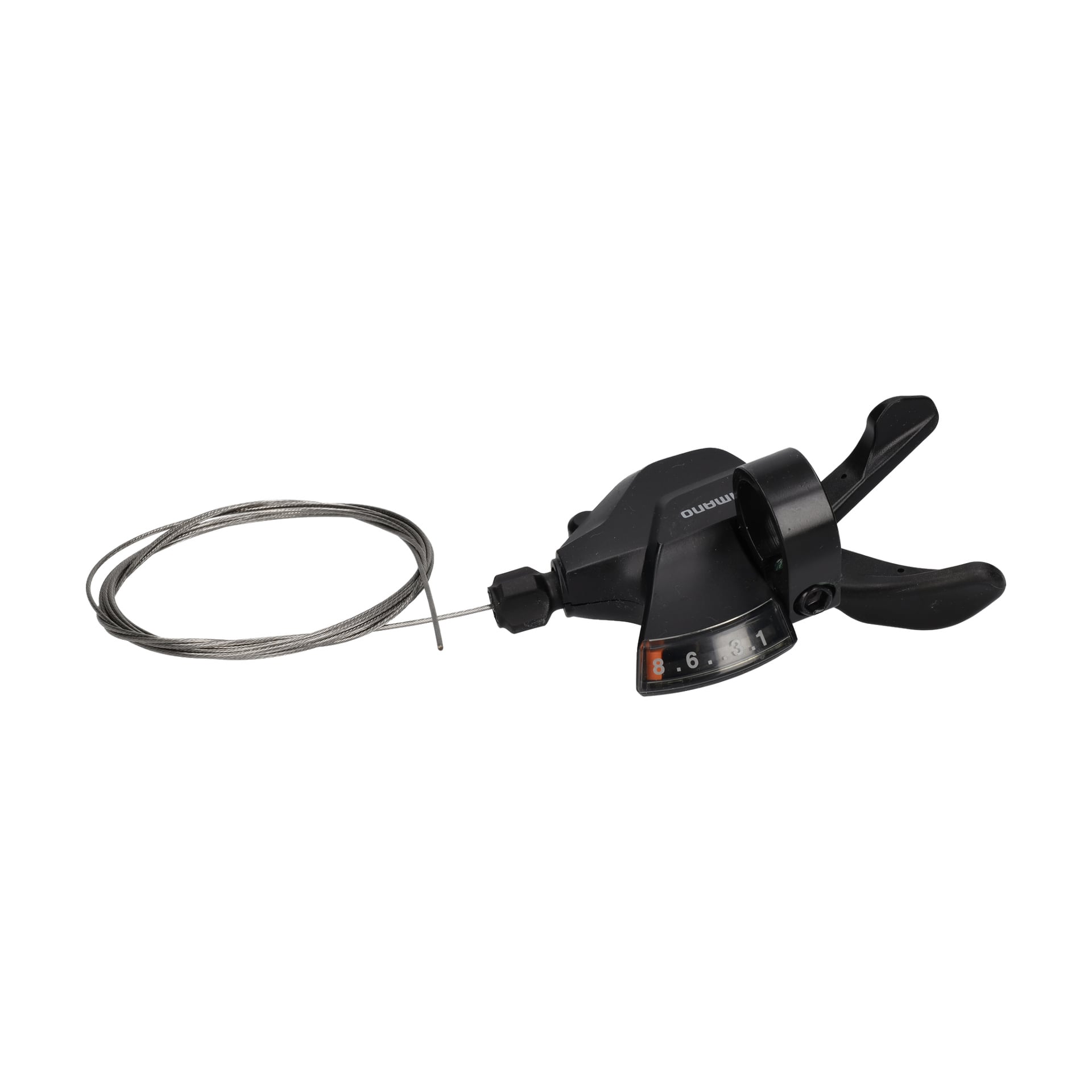 En svart cykelväxelspak märkt "Gear Lever Rear W. Wires 2020," med en kabel, två spakar och en numrerad indikator.