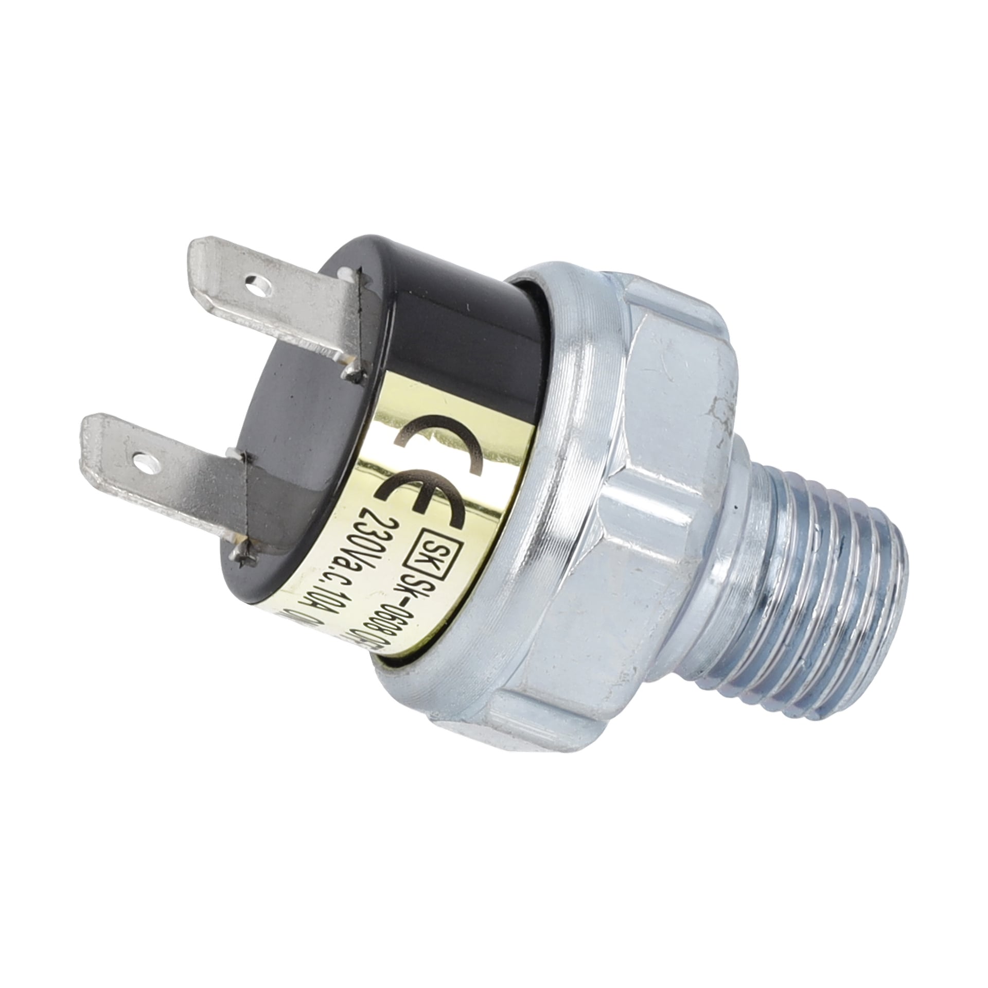 Detaljerad närbild av en tryckbrytarkompressor med två pinnar, svart och silverfärgad kropp, gängad metallspets och sidocertifieringsmärkningar.