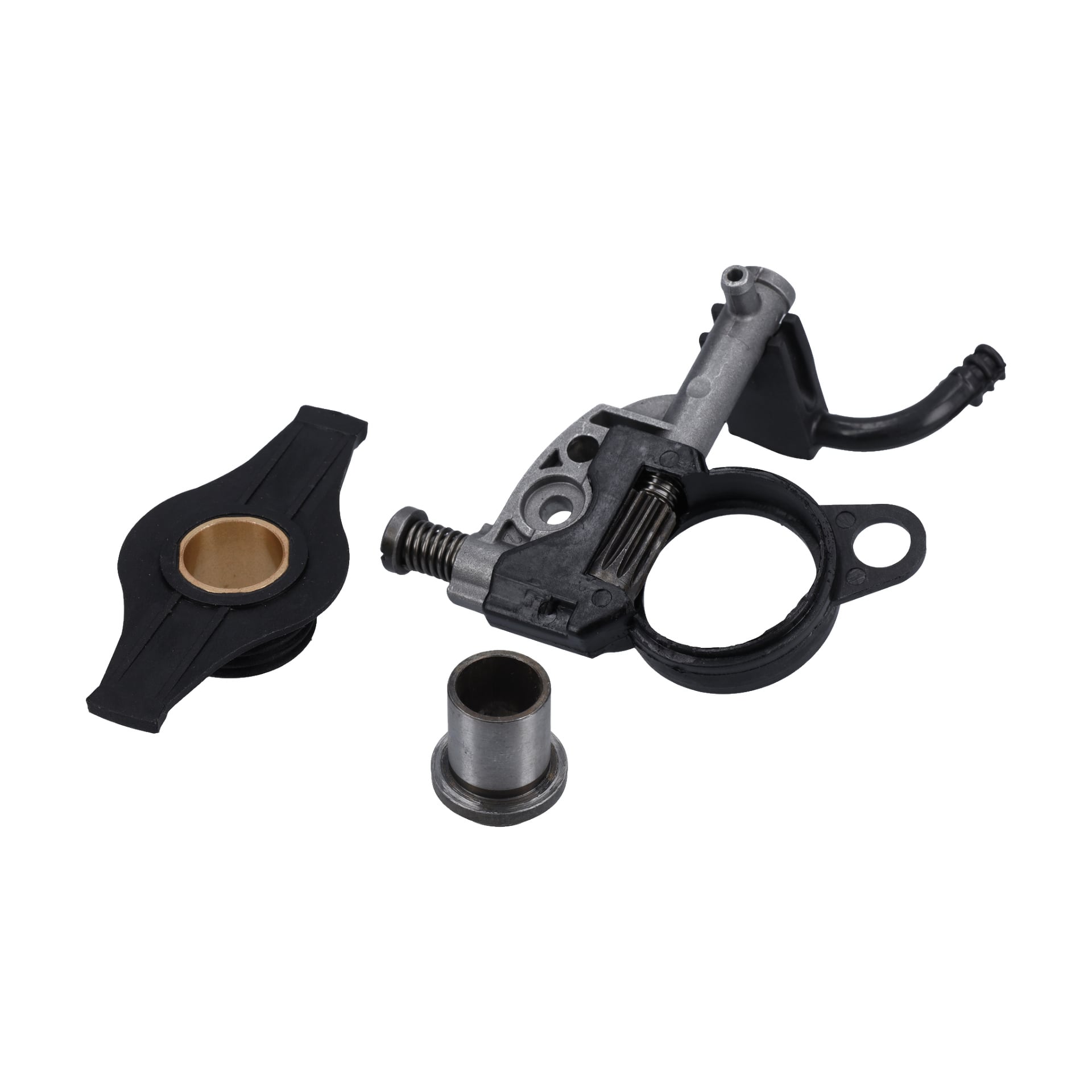 Oljepumpen F. 001880/014898 består av en metallkonstruktion med fjäder, en cylindrisk bussning och en svart plastdel med messingsinsats.