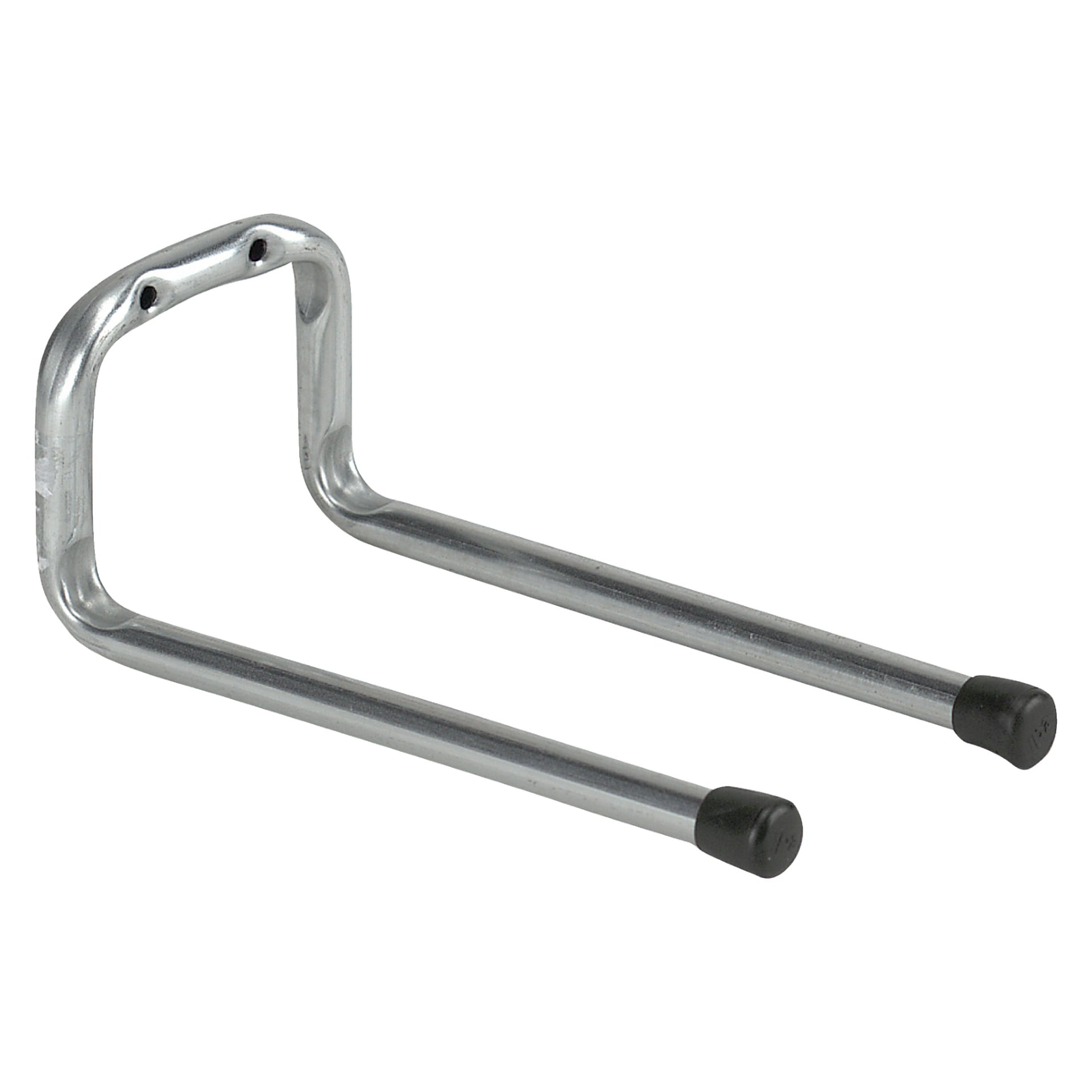 En metallmonterad väggmonterad Hard Head Tool-krok med två parallella armar, där varje arm slutar i rundade toppar täckta med svart gummi. Kroken har förborrade hål för säker fäste och är lämplig för att hålla cyklar, verktyg, slangar eller liknande föremål.