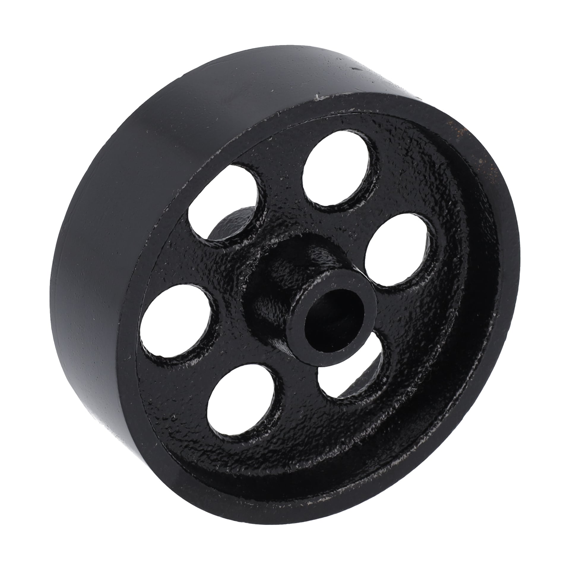 Wheel Motorcycle Lift viser et svart metallhjul med seks runde hull og et sentralt nav, vinklet i bildet.