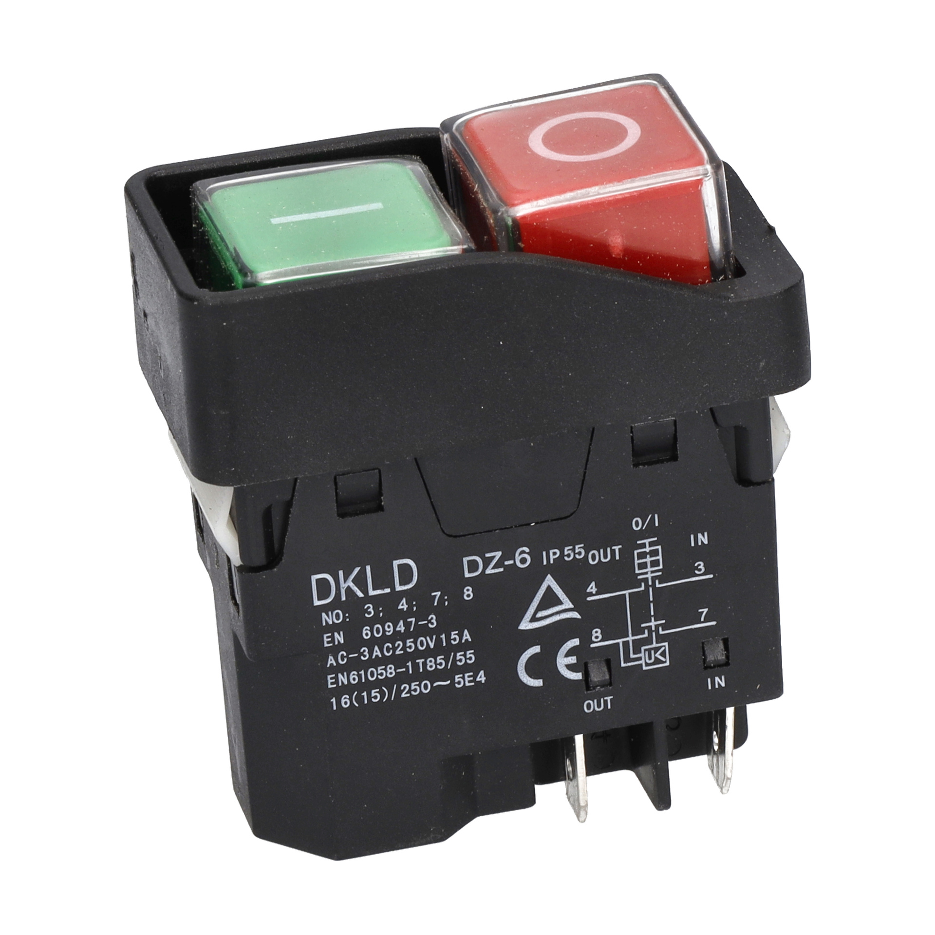 Zbliżenie czarnego włącznika elektrycznego piły stołowej z zielonym i czerwonym przyciskiem oznaczonym DKLD DZ-6, wraz ze specyfikacją techniczną i symbolami.
