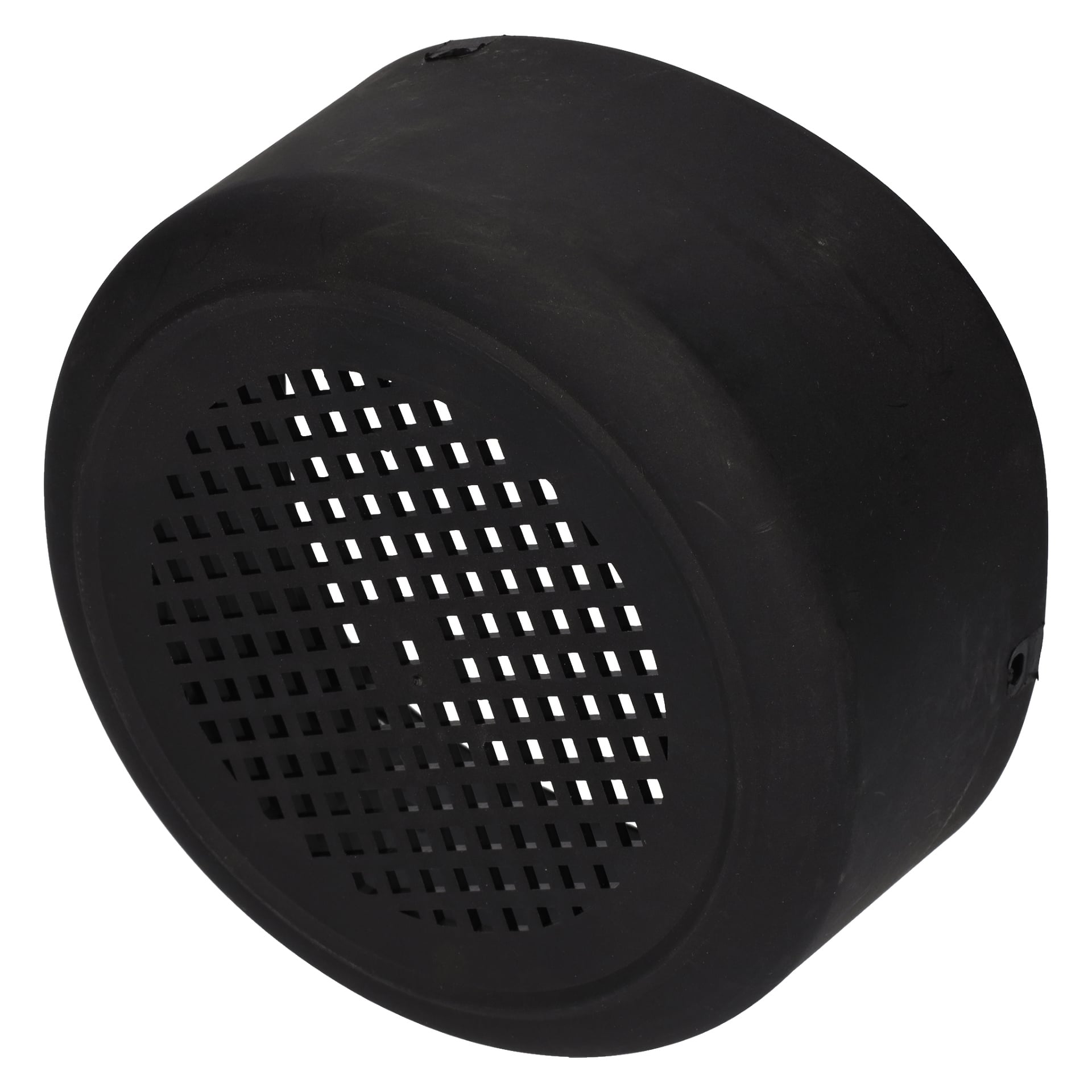 Et svart, sylindrisk ventilasjonsdeksel for vedkløyvere, med et rutenett av firkantede hull på den ene siden.