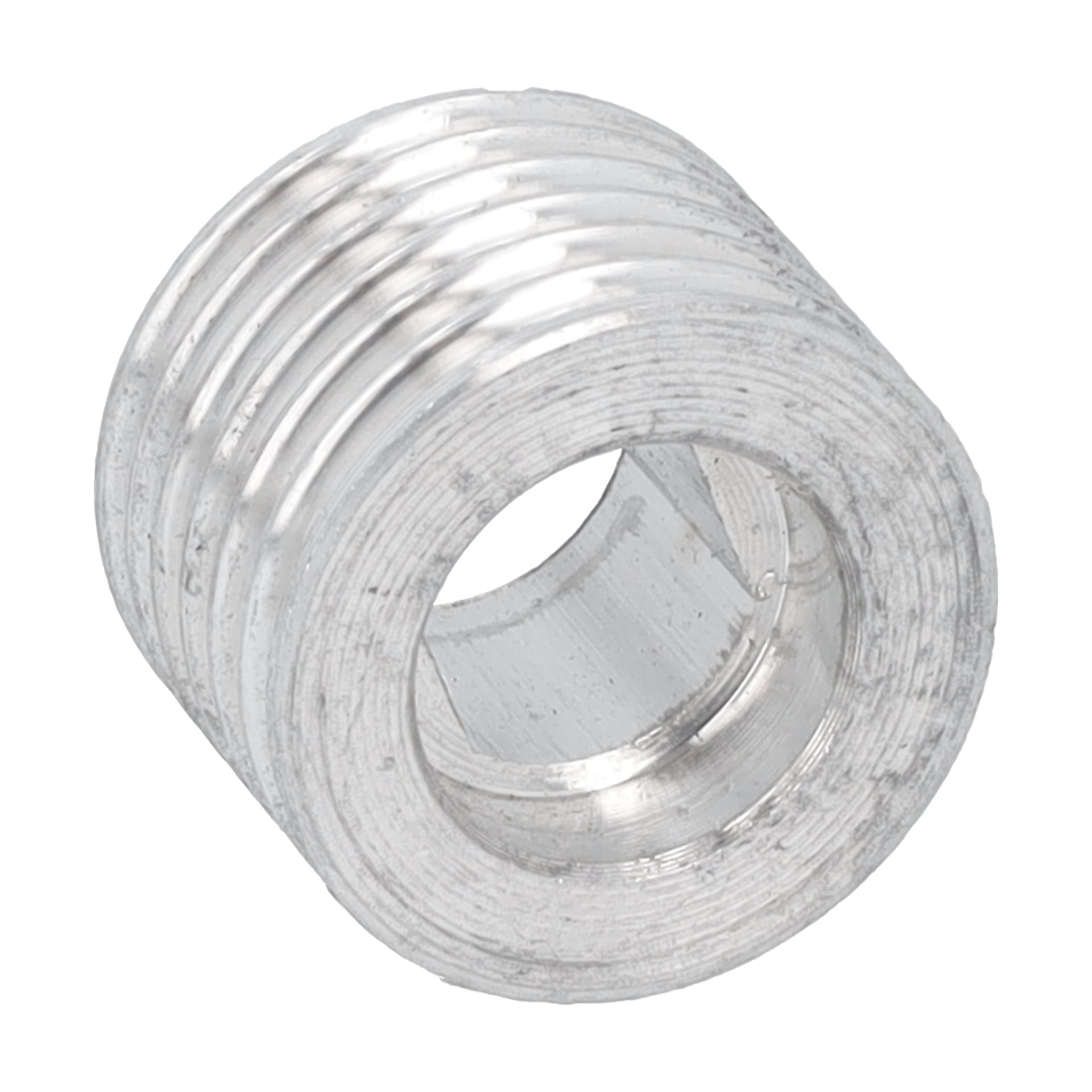 Närbild på en remskivasåg/geringssåg som visar dess metallgängade insats med ihålig mittpunkt, synliga gängor och blank yta.