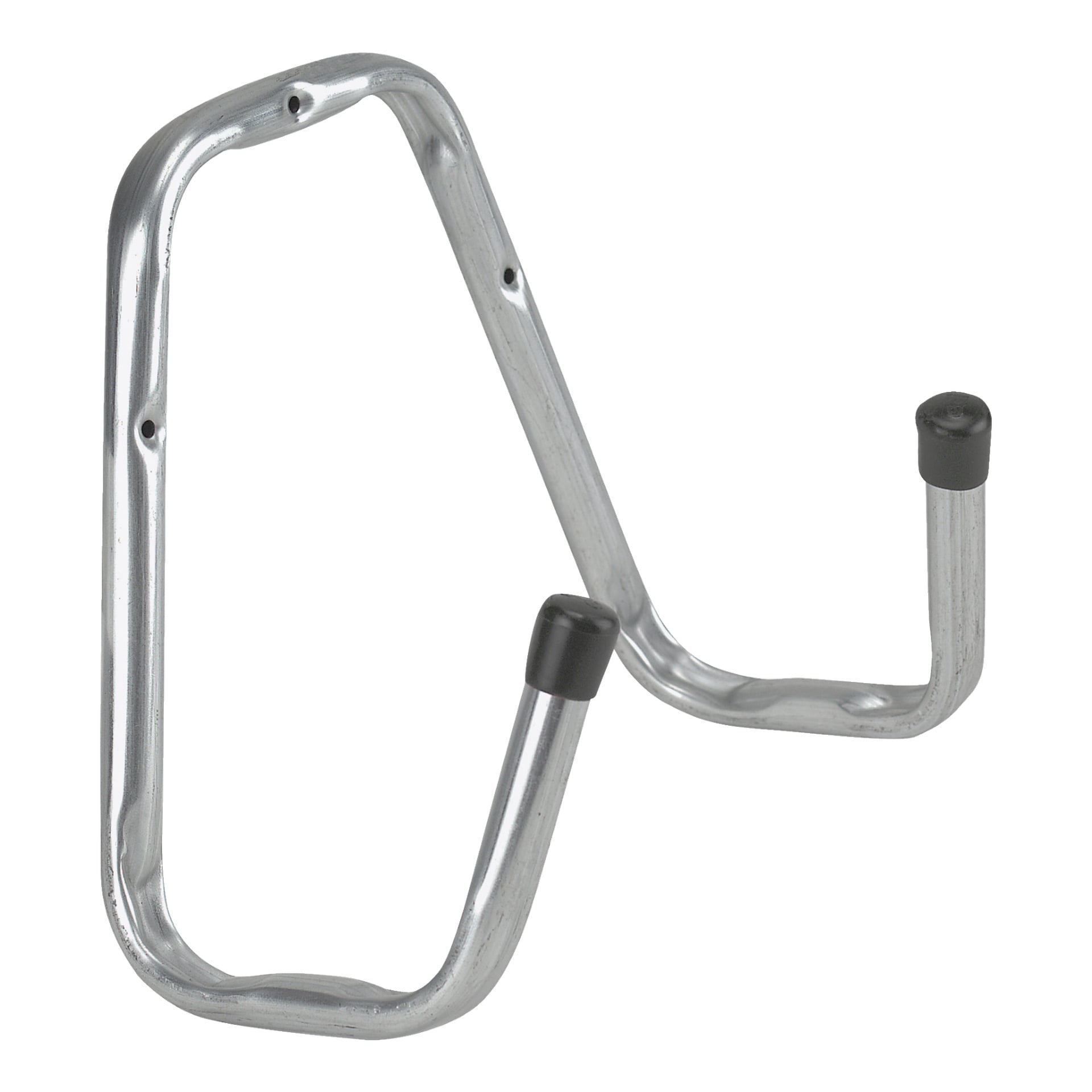 En silverfärgad väggmonterad slanghållare från Hard Head, designad med två taggar täckta med svart gummi för att säkert hänga upp saker som cyklar eller verktyg. Hållaren har skruvhål för enkel installation.