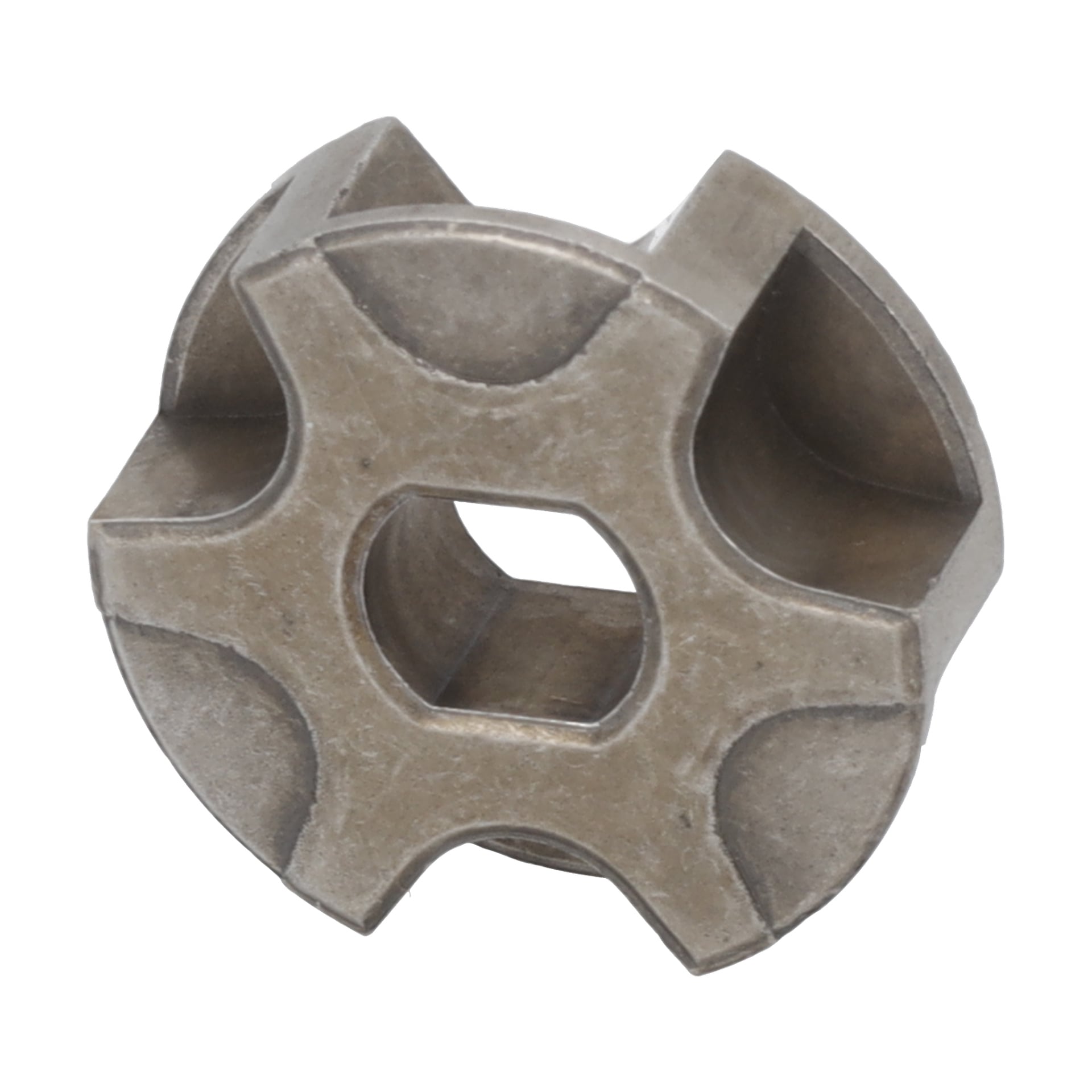 Matt metallcylinder med fyra böjda utskärningar som omsluter ett centralt hexagonalt hål, byggd för industriell styrka.
