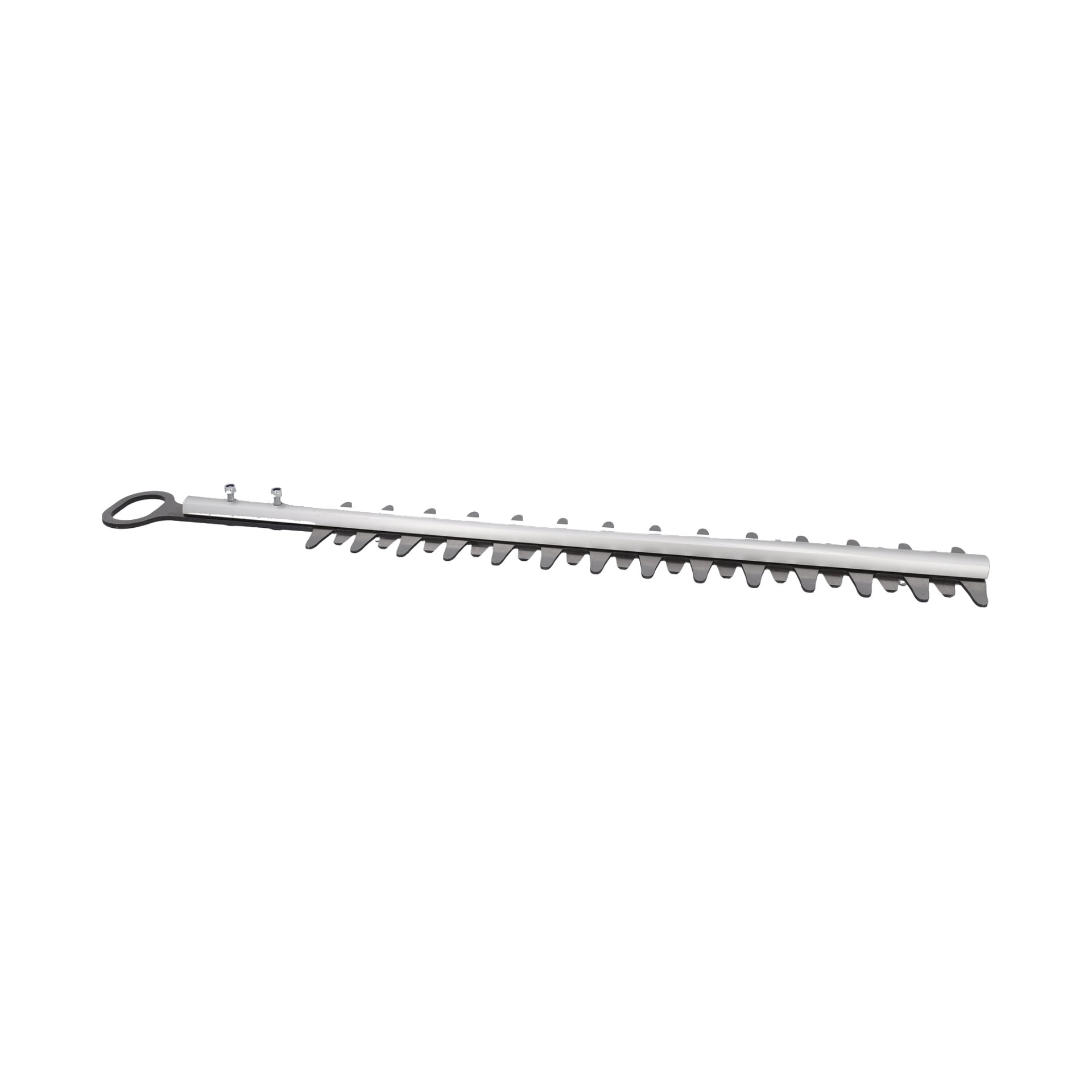 En metallhäcksax med vinklade tänder och ett runt handtag, gjord för precisa trim- och krattuppgifter.