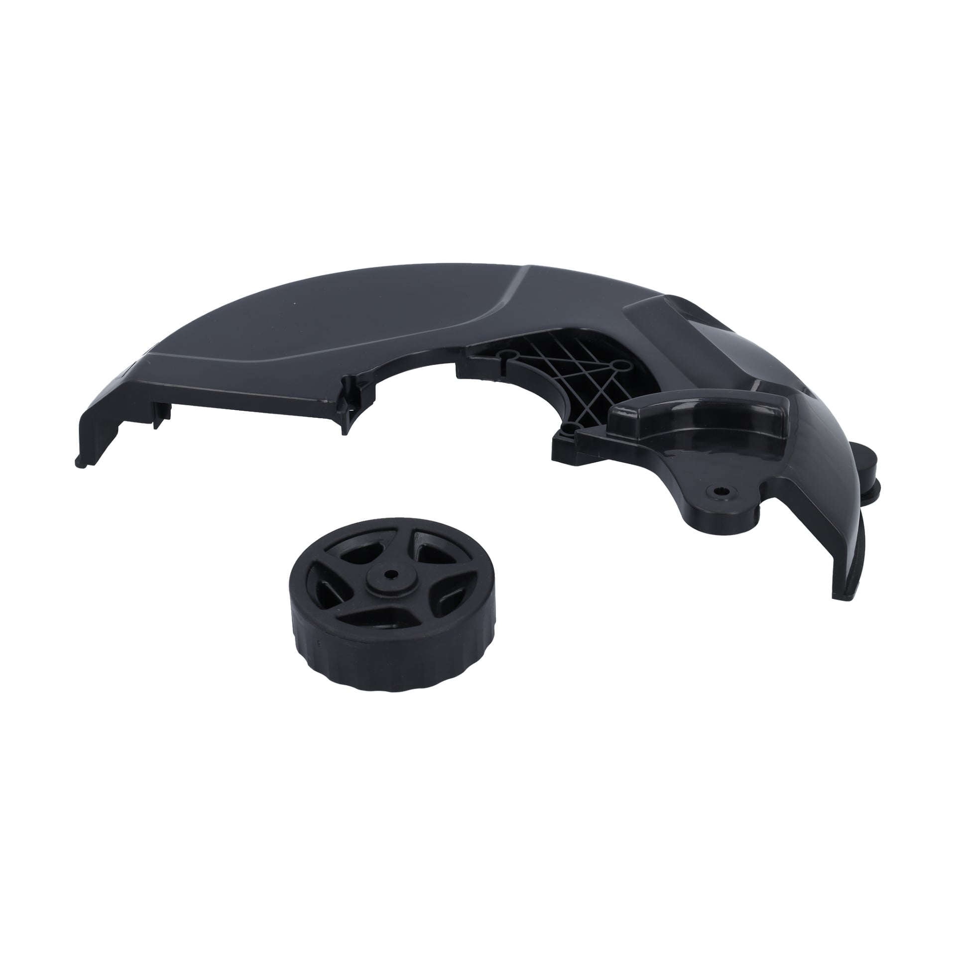 En Mudguard grästrimmer med svart plastlock, monterat hölje och ett separat runt hjul eller ratt.