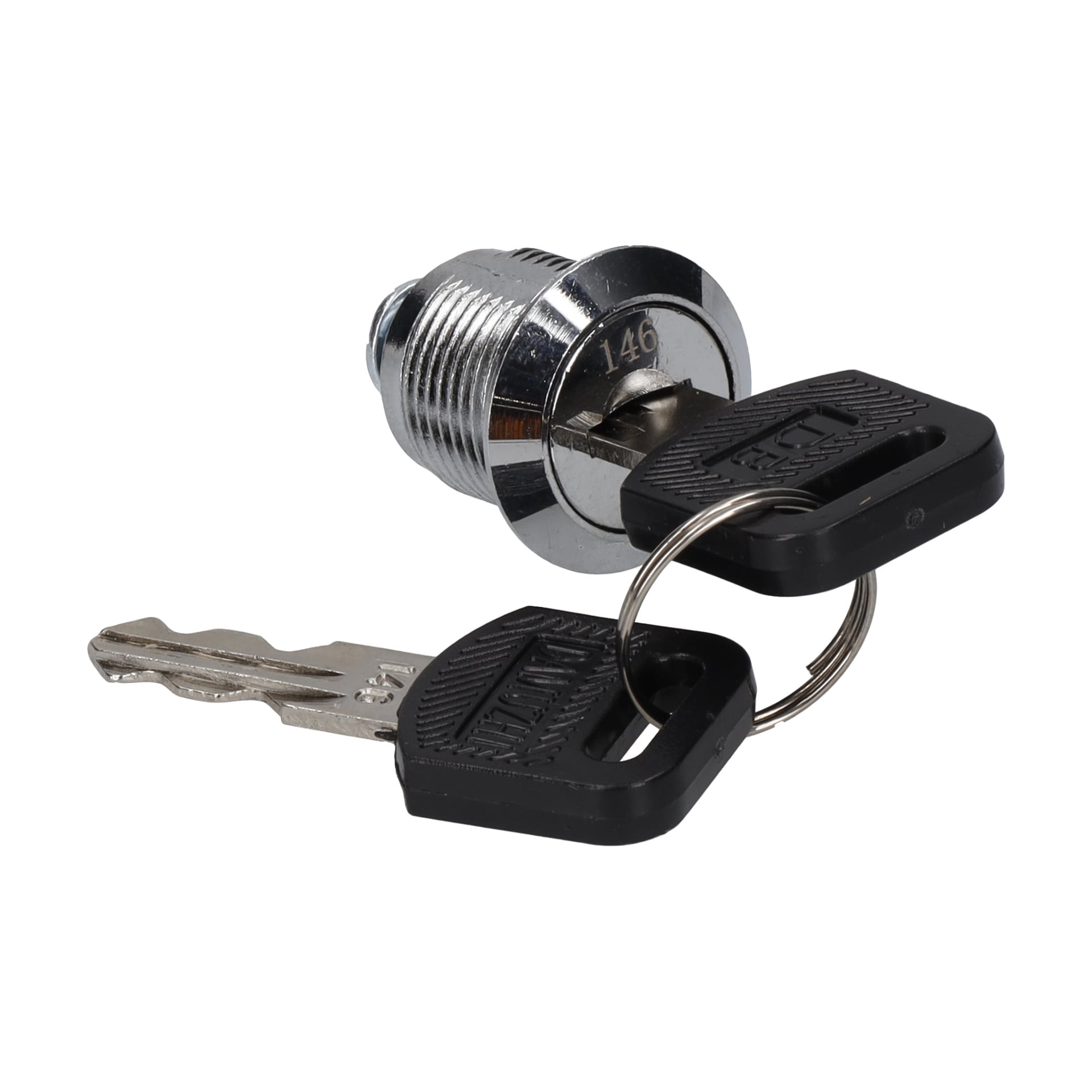 Ett cylindriskt kamlås med nyckel finns på Lock Tool Trolley, fäst vid en nyckelring som håller en annan svart plastnyckel. Ett nummer är ingraverat ovanför springan.