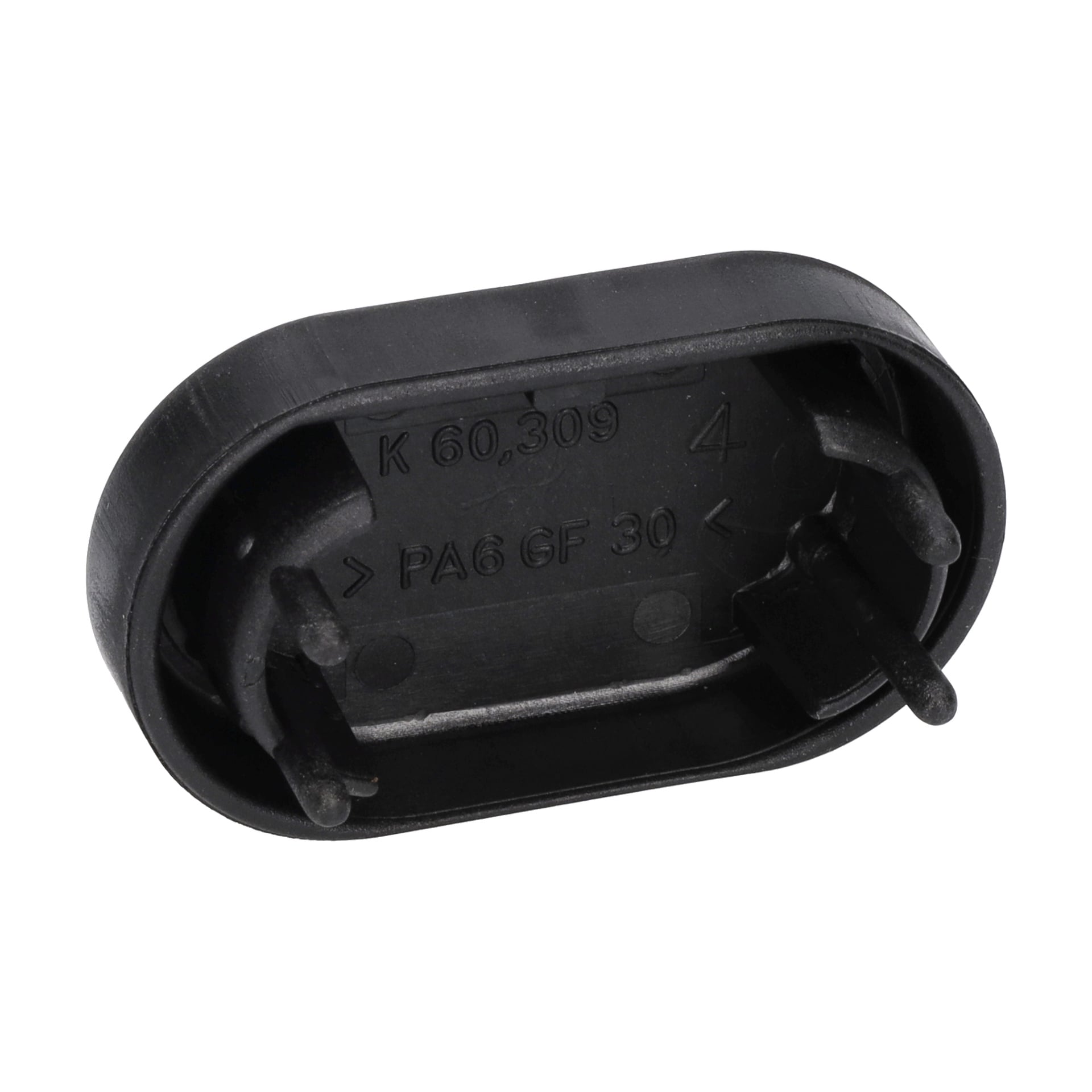 Närbild av ändladdningslastbäraren, en svart oval elektrisk kontakt med tre stift och upphöjd text, inklusive PA6 GF30.