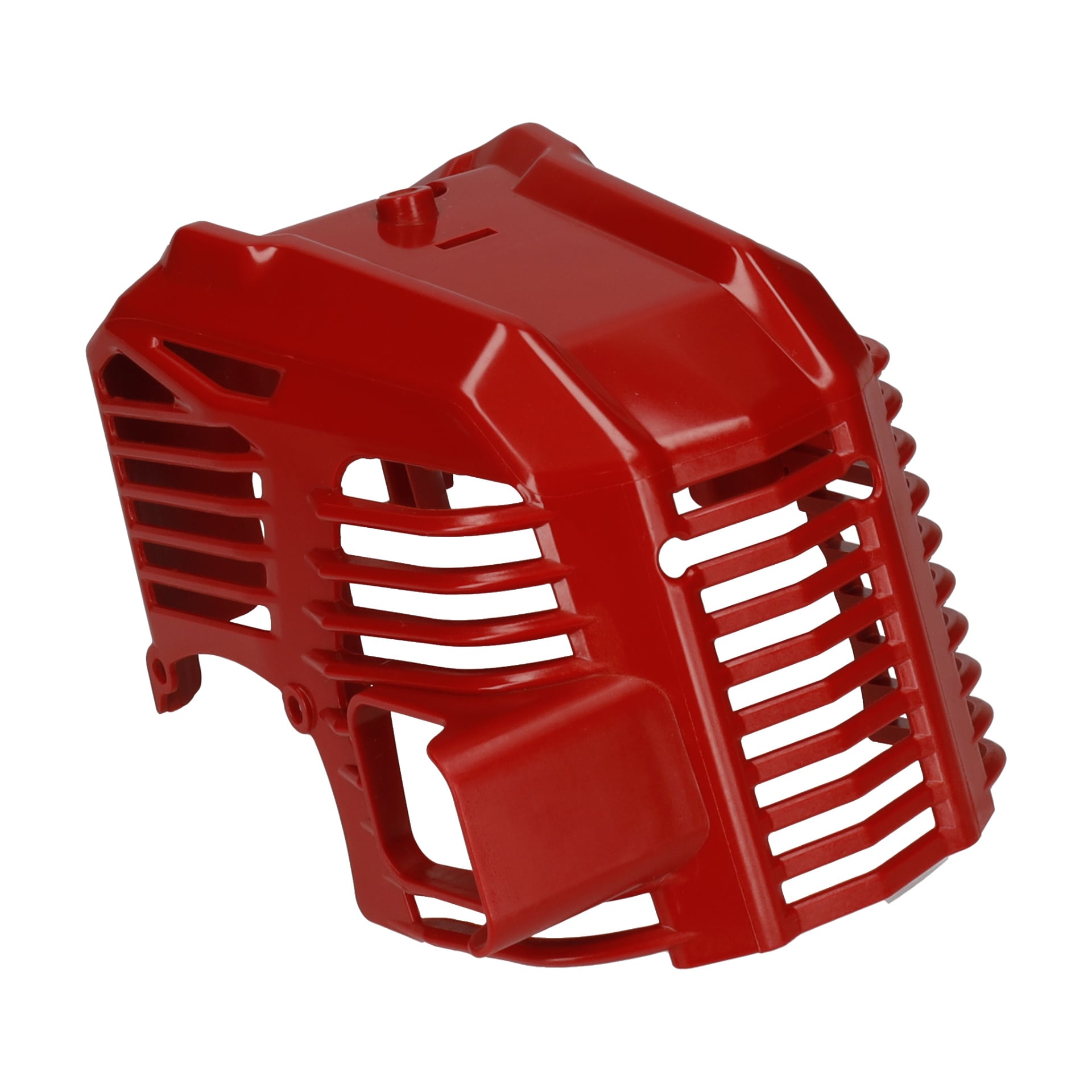 Röd plast borstskärarmotorlock med ventilerade ribbor och geometriska mönster, som fungerar som skyddshylsa för utrustningen.