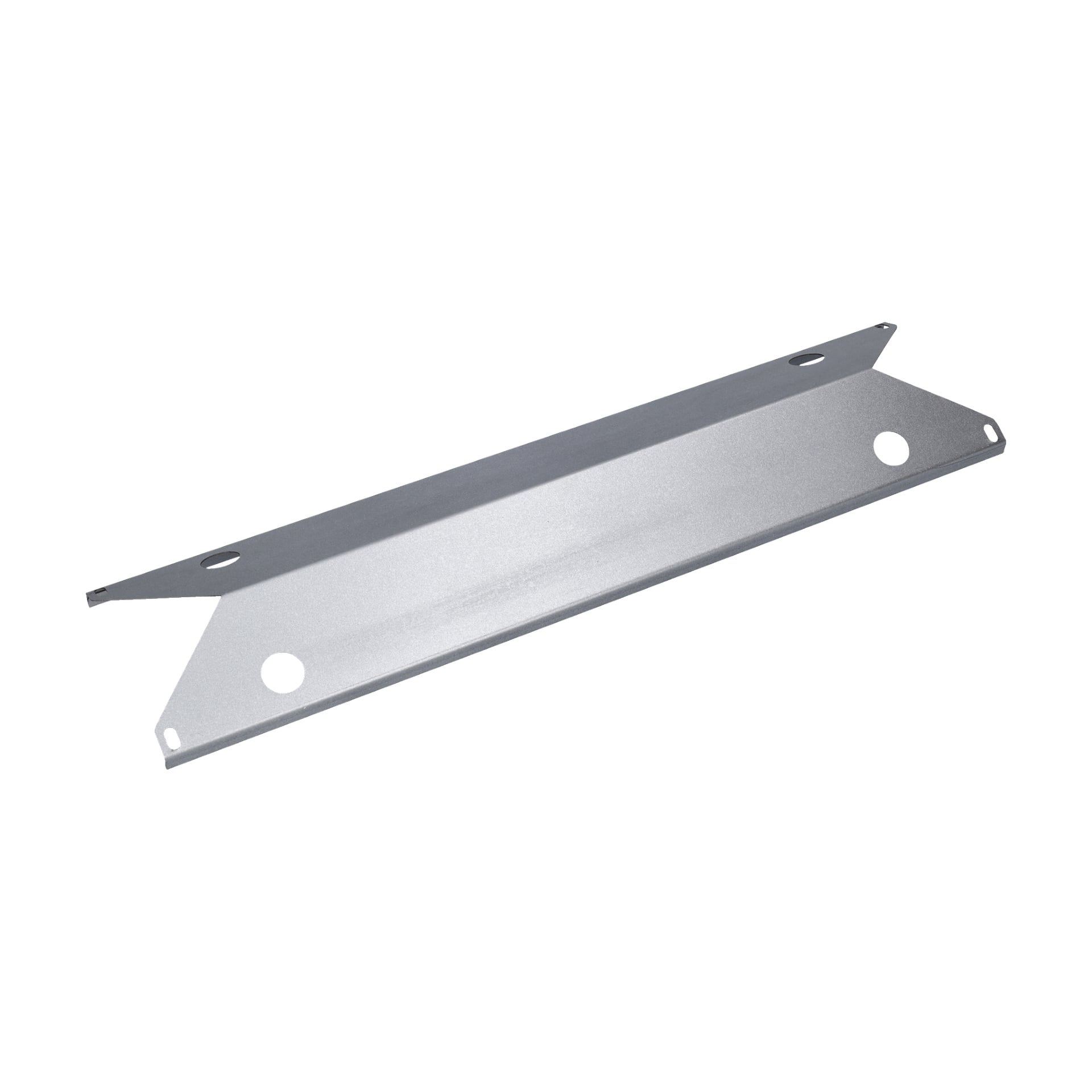 Flame Guard F. 012388 är ett slankt metallfäste, vinklat och långt, med två stora cirkulära hål och små hack i båda ändar.