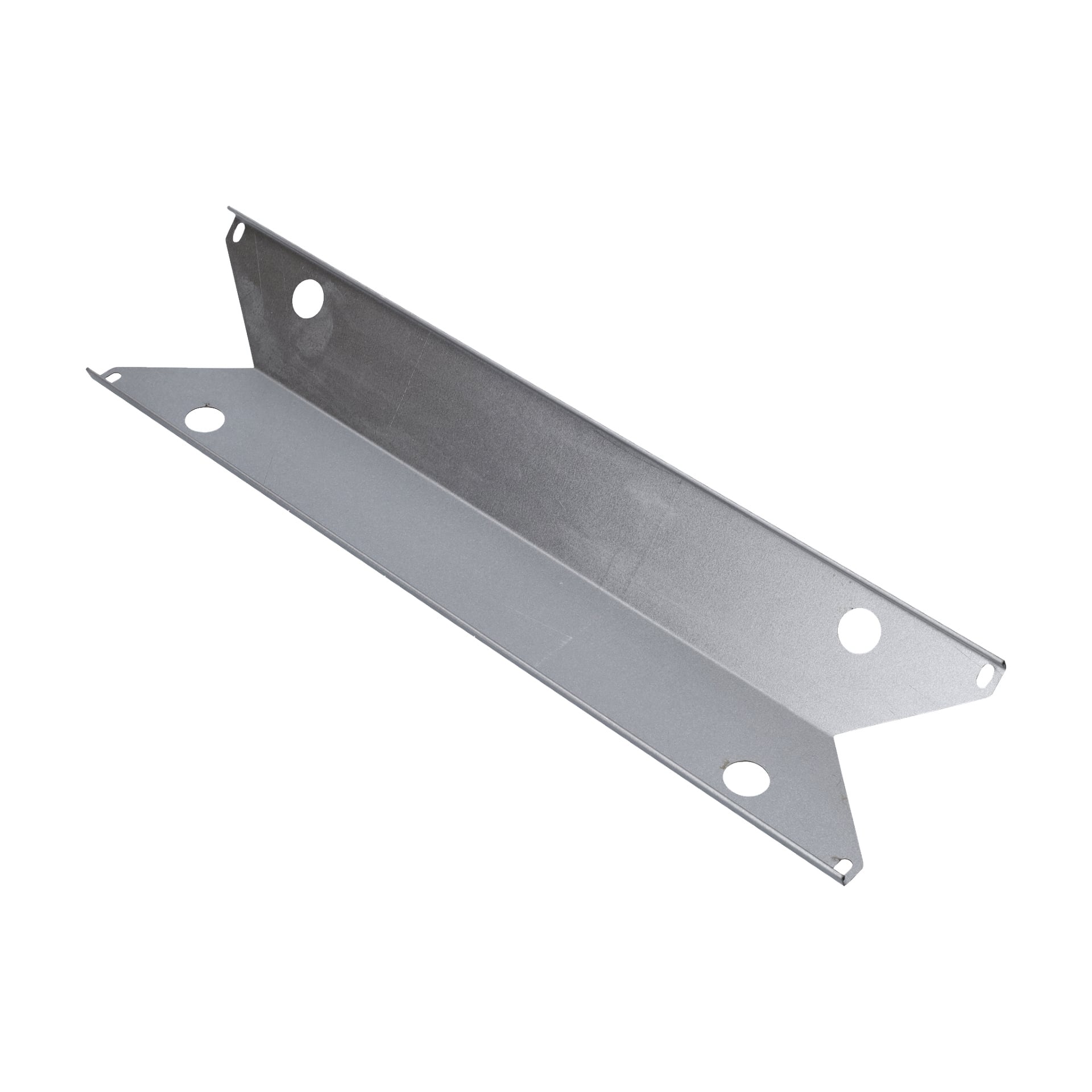 Flame Guard F. 012388 har ett silverfärgat metallfäste, fyra runda hål, en snedvriden mittpunkt och upphöjda kanter på varje sida.