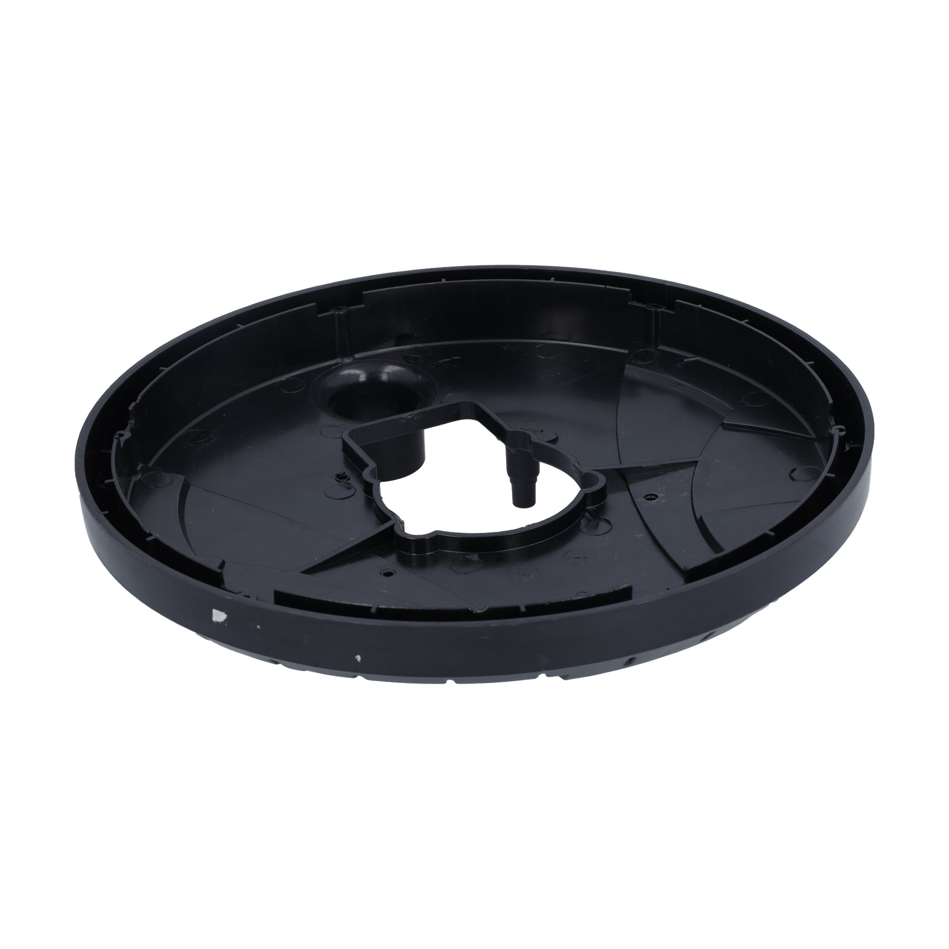 Et svart, sirkulært plastslipeplate med et sentralt hull og flere riller og riller, sett i en vinkel.