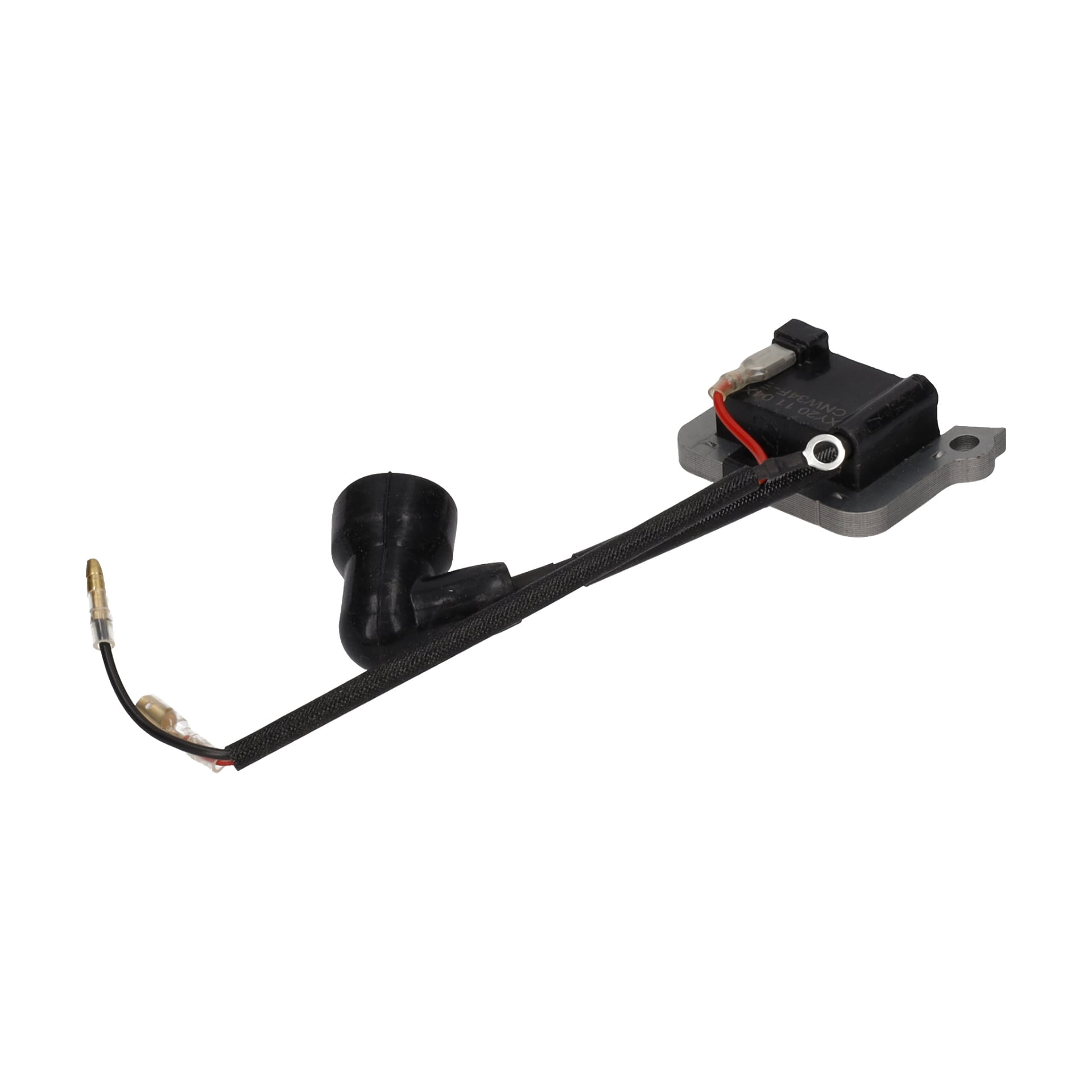 En svart Ignition Coil Grass Trimmer med tändstiftskabel och metallfäste visas.