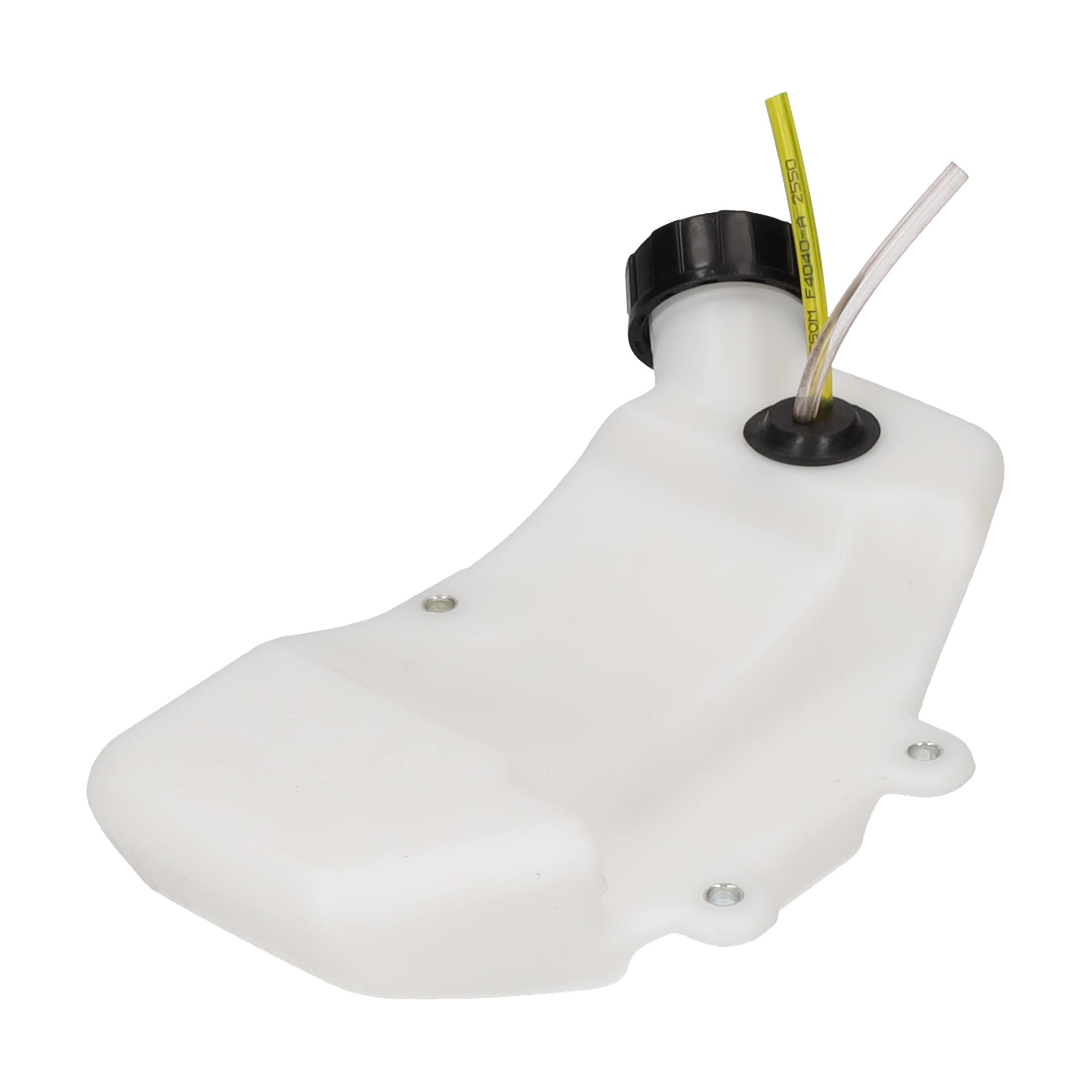 En vit plasttank, bensintank korpral F. 014214, med svart skruvlock, gula och genomskinliga slangar samt flera monteringspunkter.