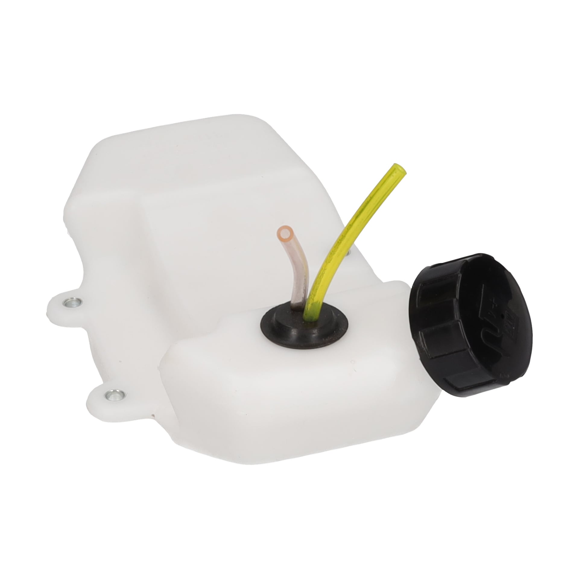 Bensintanken Cpl F. 014214 är en vit plasttank med svart skruvlock och två slangar, en gul och en klar.