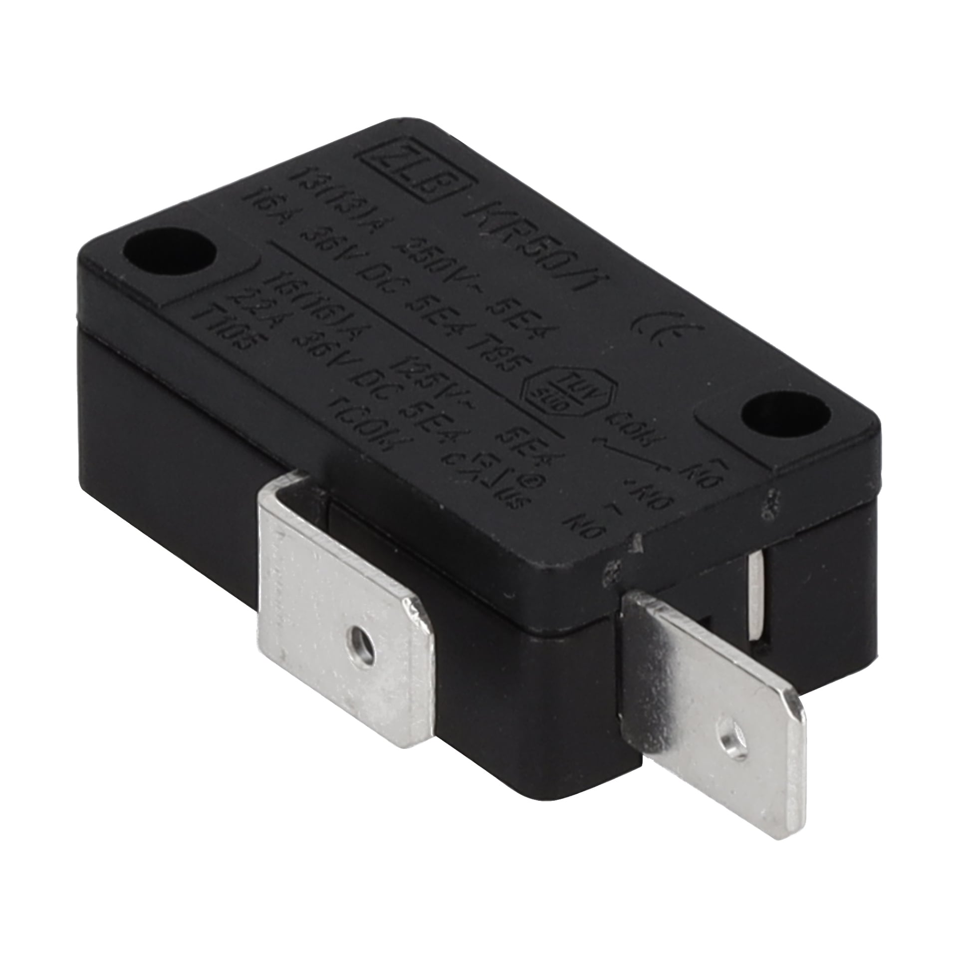 En svart rektangulär Microswitch F. 013184 med två stora metallklöver, en liten metallflik samt yttekniska detaljer och modellnummer.