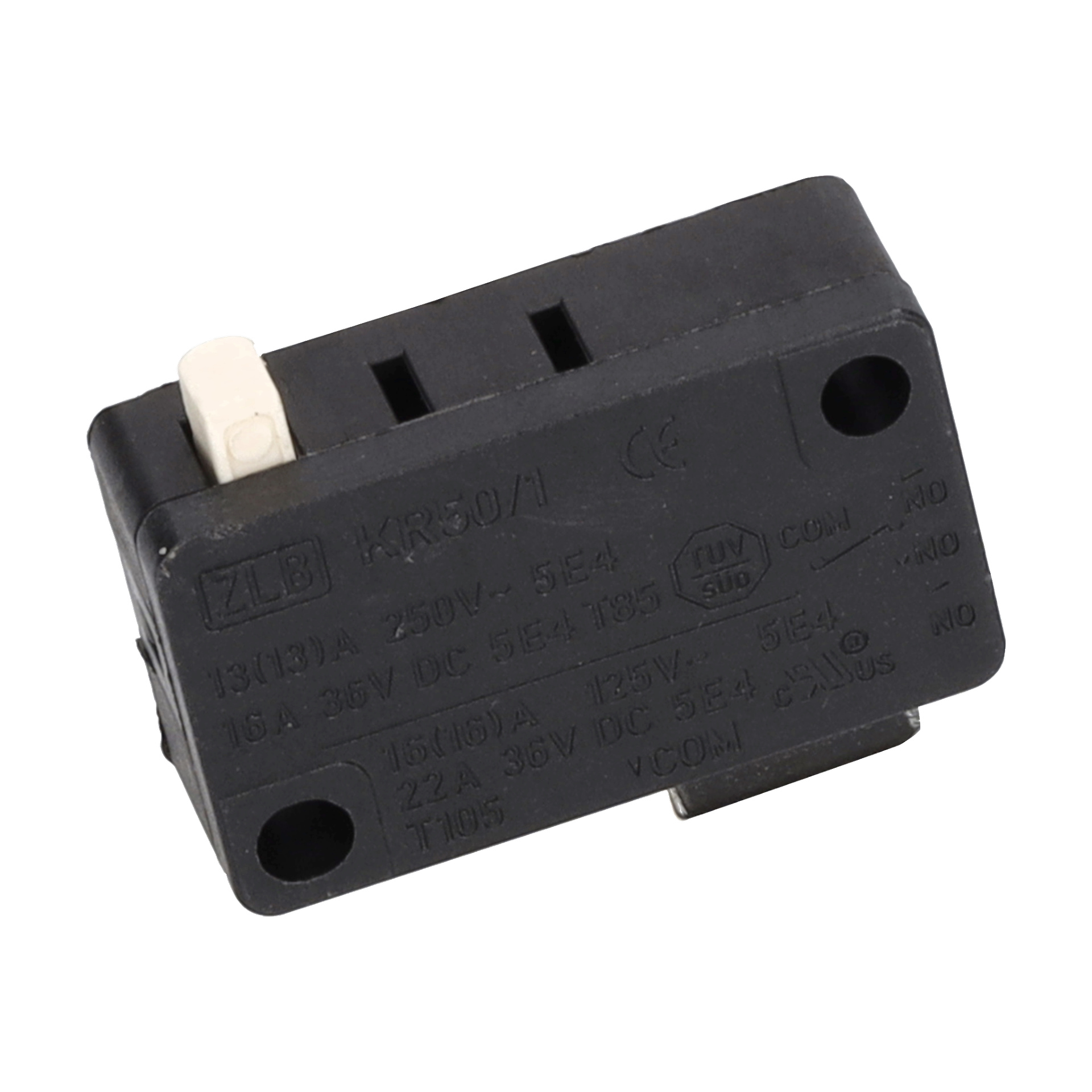Microswitch F. 013184 är en svart plastmikrobrytare med frontspecifikationer, en vit knapp i ena änden och metallterminaler under.