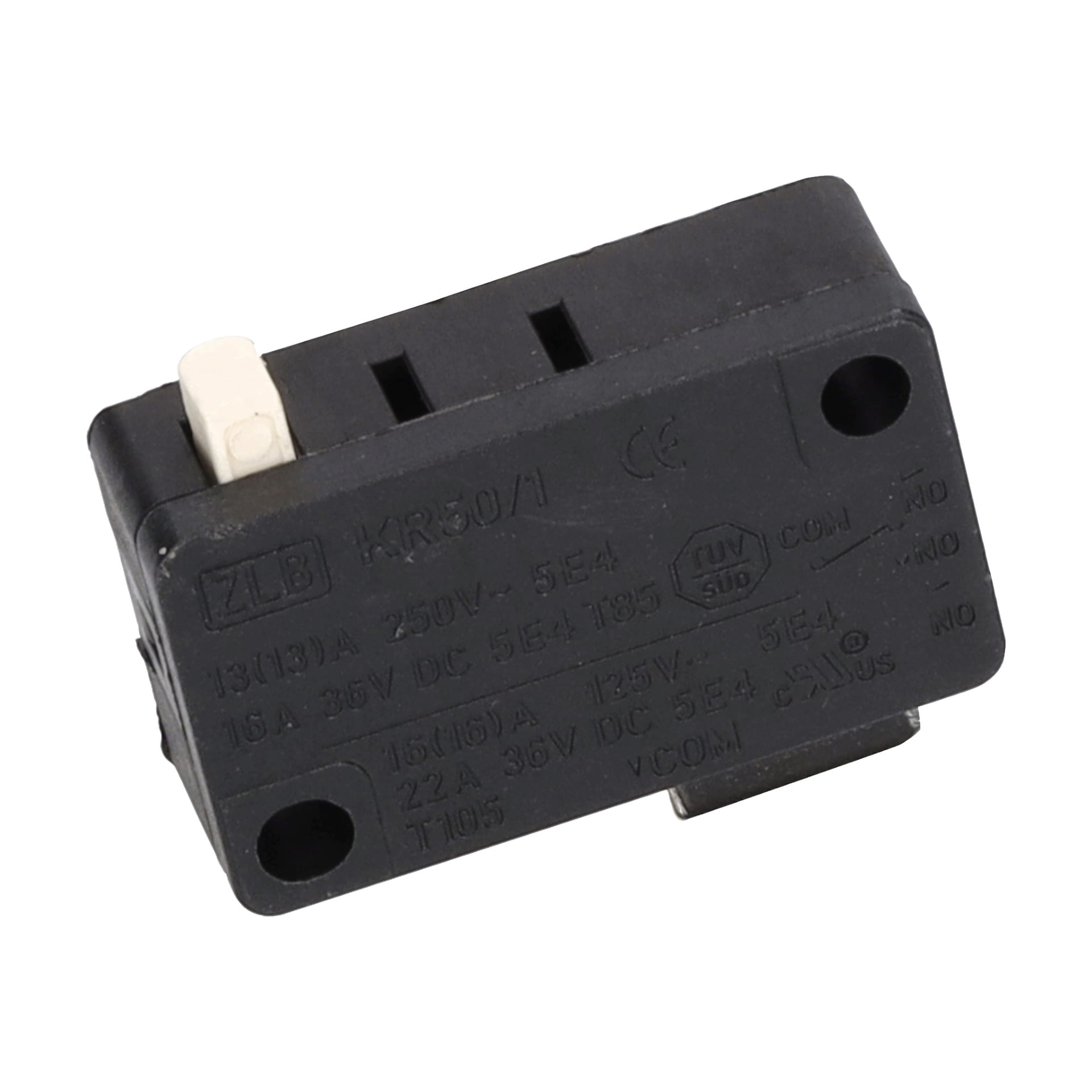 Microswitch F. 013184 är en svart plastmikrobrytare med frontspecifikationer, en vit knapp i ena änden och metallterminaler under.